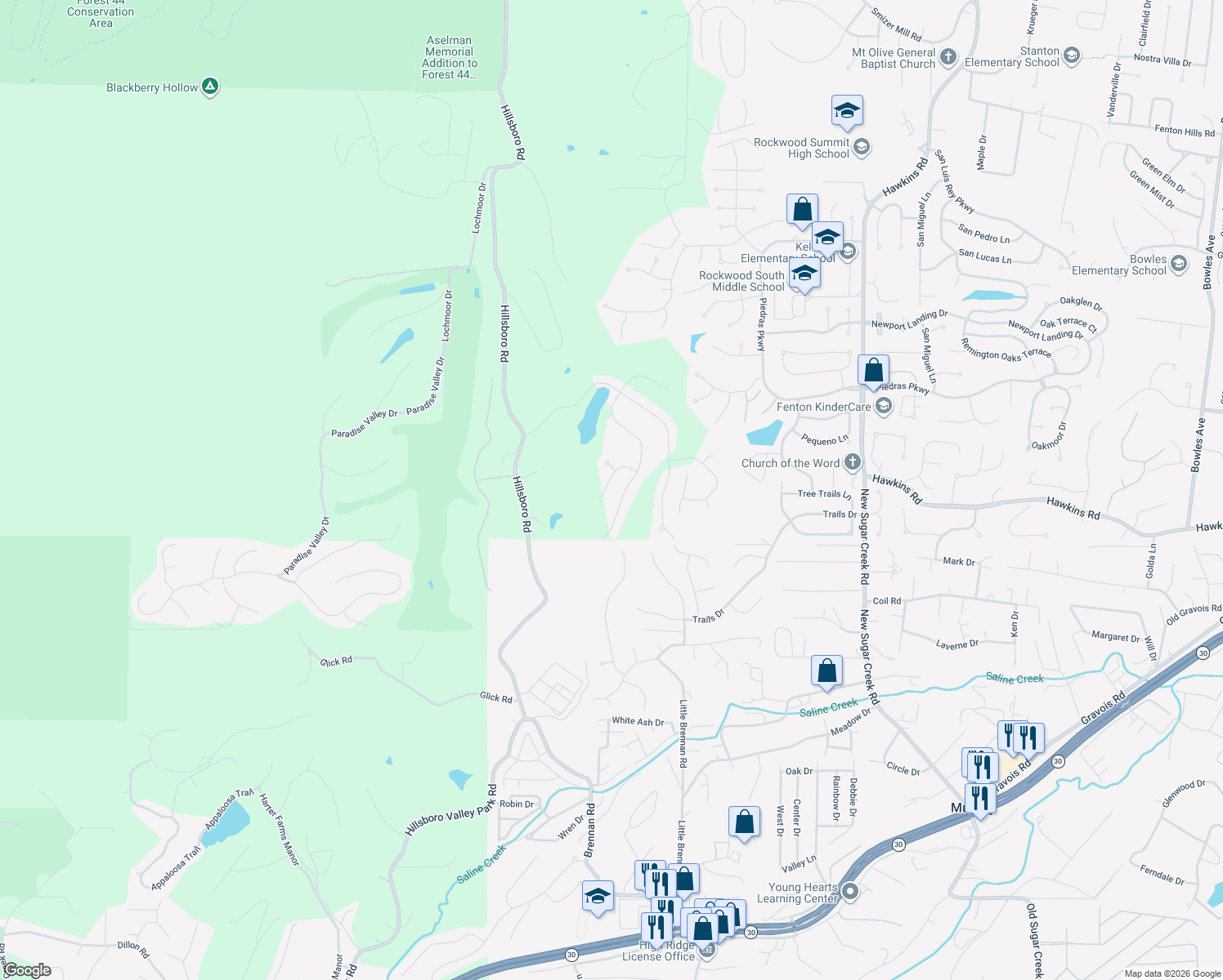 map of restaurants, bars, coffee shops, grocery stores, and more near 1291 Spring Lilly Drive in High Ridge