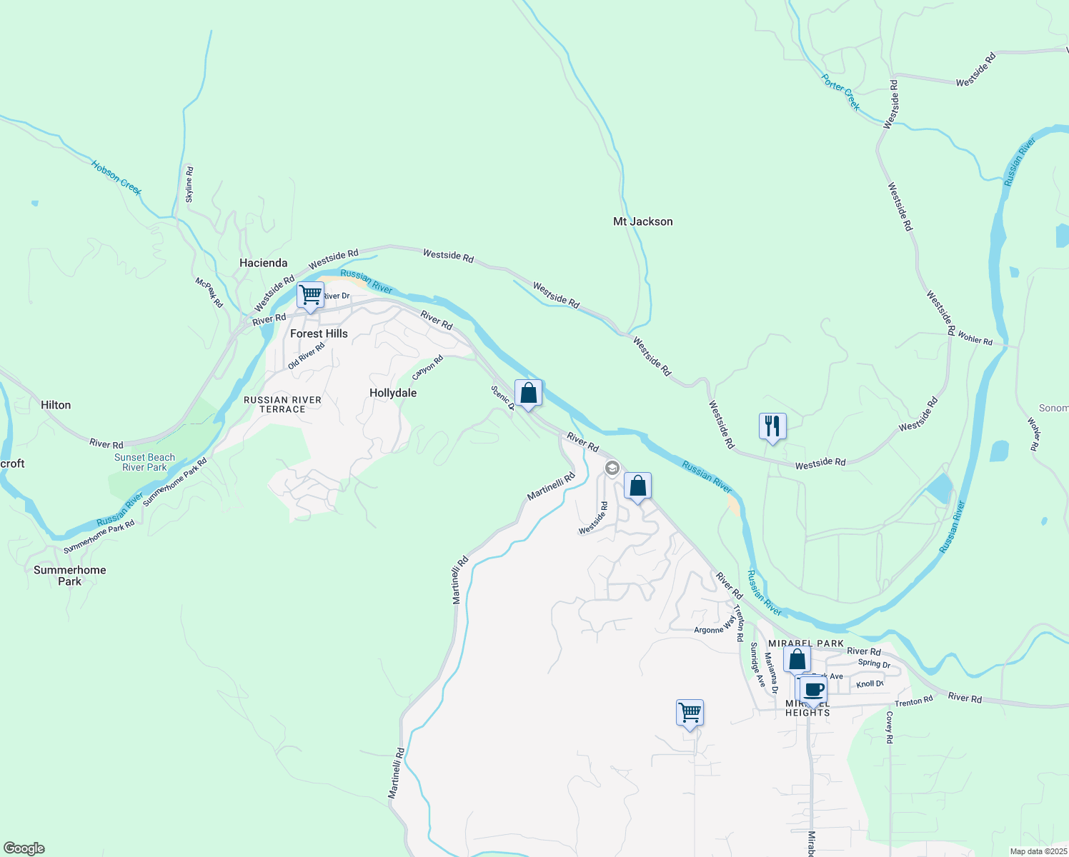 map of restaurants, bars, coffee shops, grocery stores, and more near 9771 River Road in Forestville