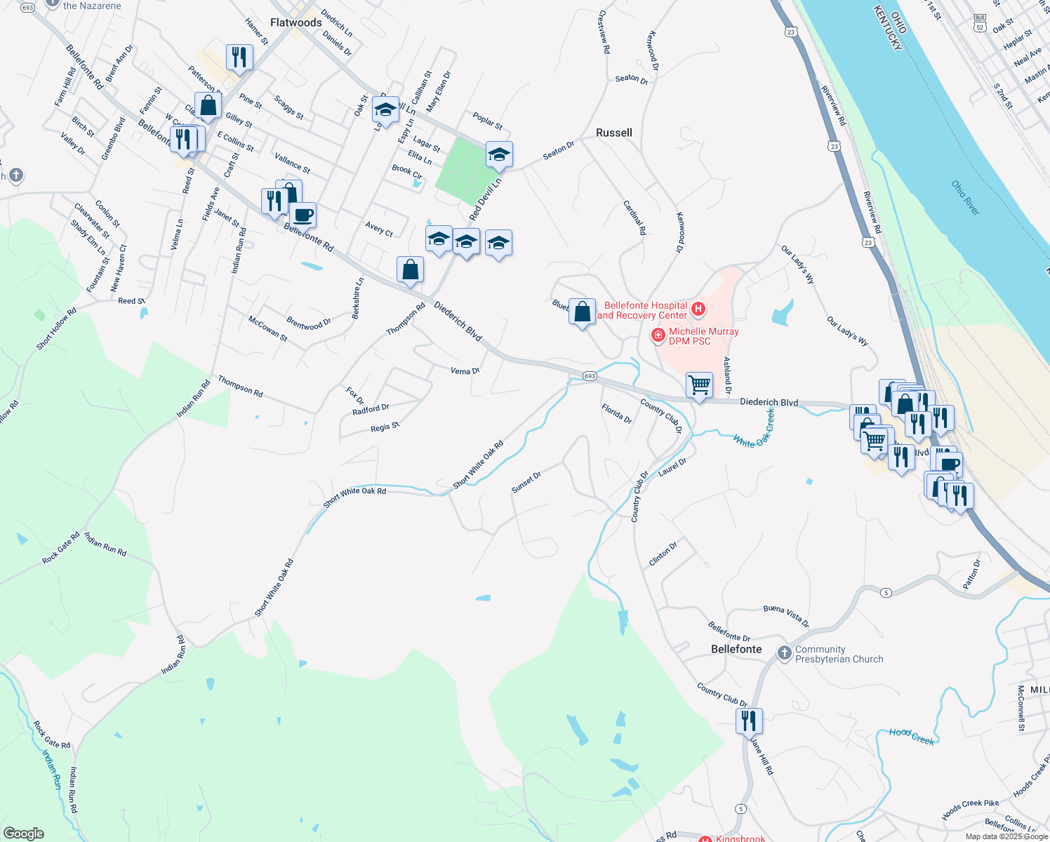 map of restaurants, bars, coffee shops, grocery stores, and more near 435 Short White Oak Rd in Flatwoods