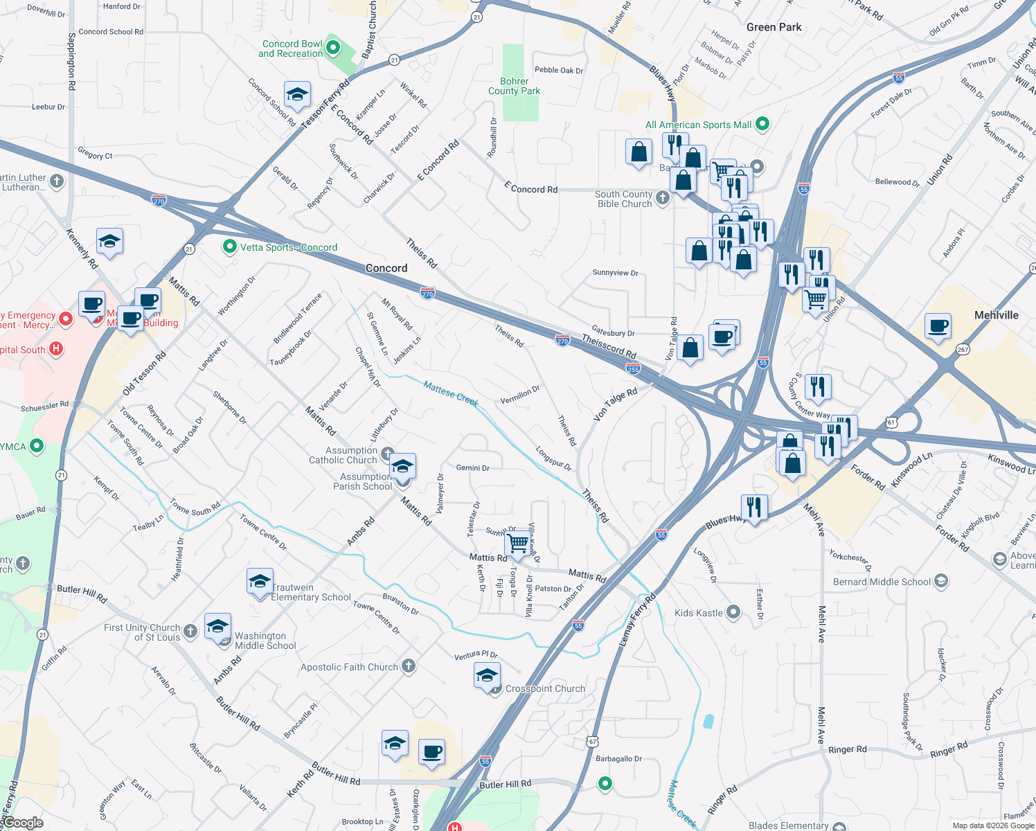 map of restaurants, bars, coffee shops, grocery stores, and more near 4741 Longspur Drive in Saint Louis