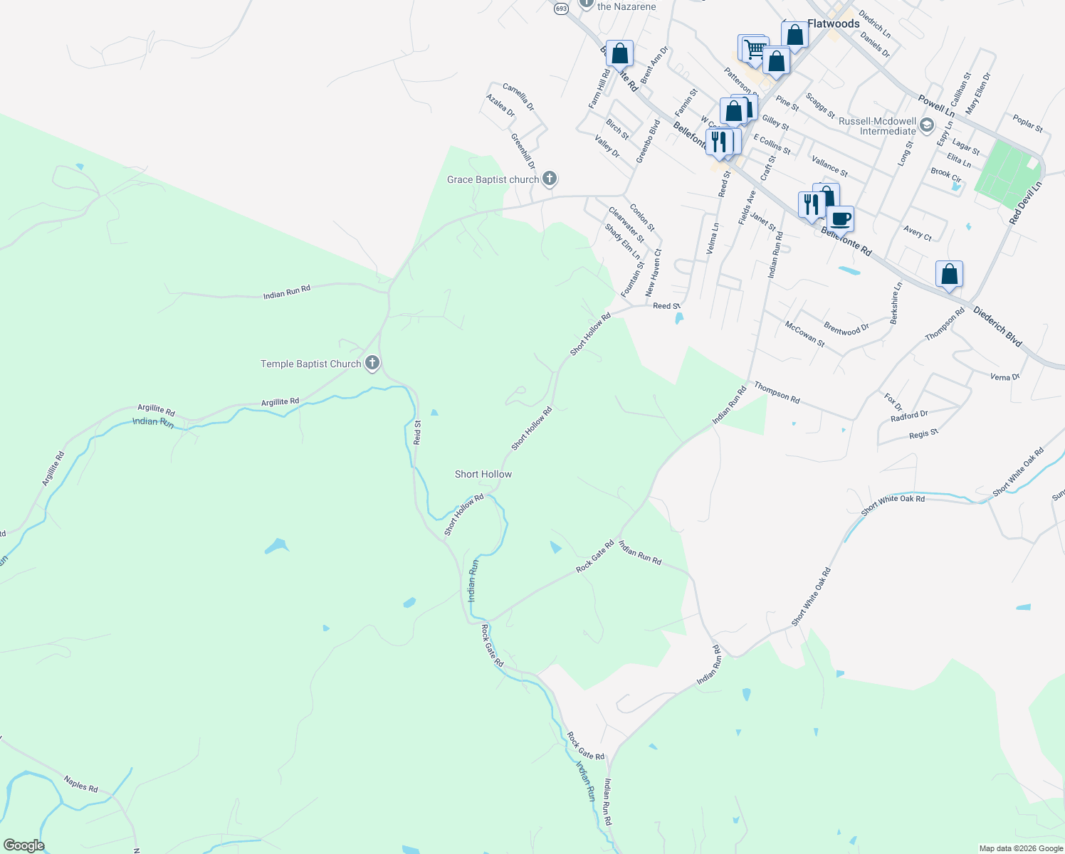 map of restaurants, bars, coffee shops, grocery stores, and more near Short Hollow Rd in Flatwoods