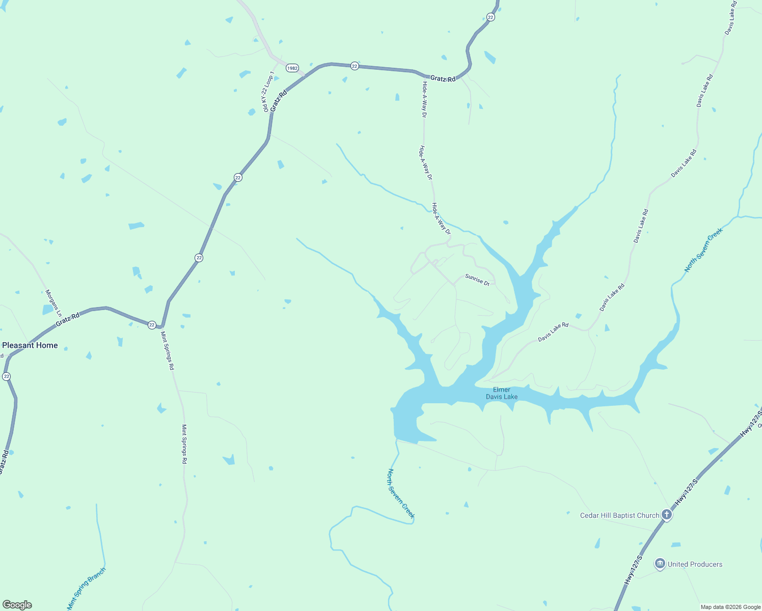 map of restaurants, bars, coffee shops, grocery stores, and more near Lake Access Road in Owenton