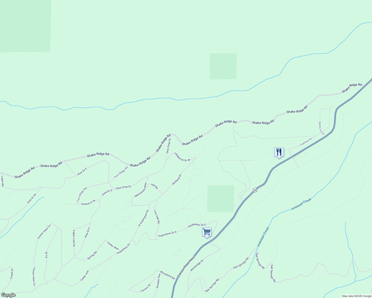 map of restaurants, bars, coffee shops, grocery stores, and more near 27488 Shake Ridge Road in Volcano