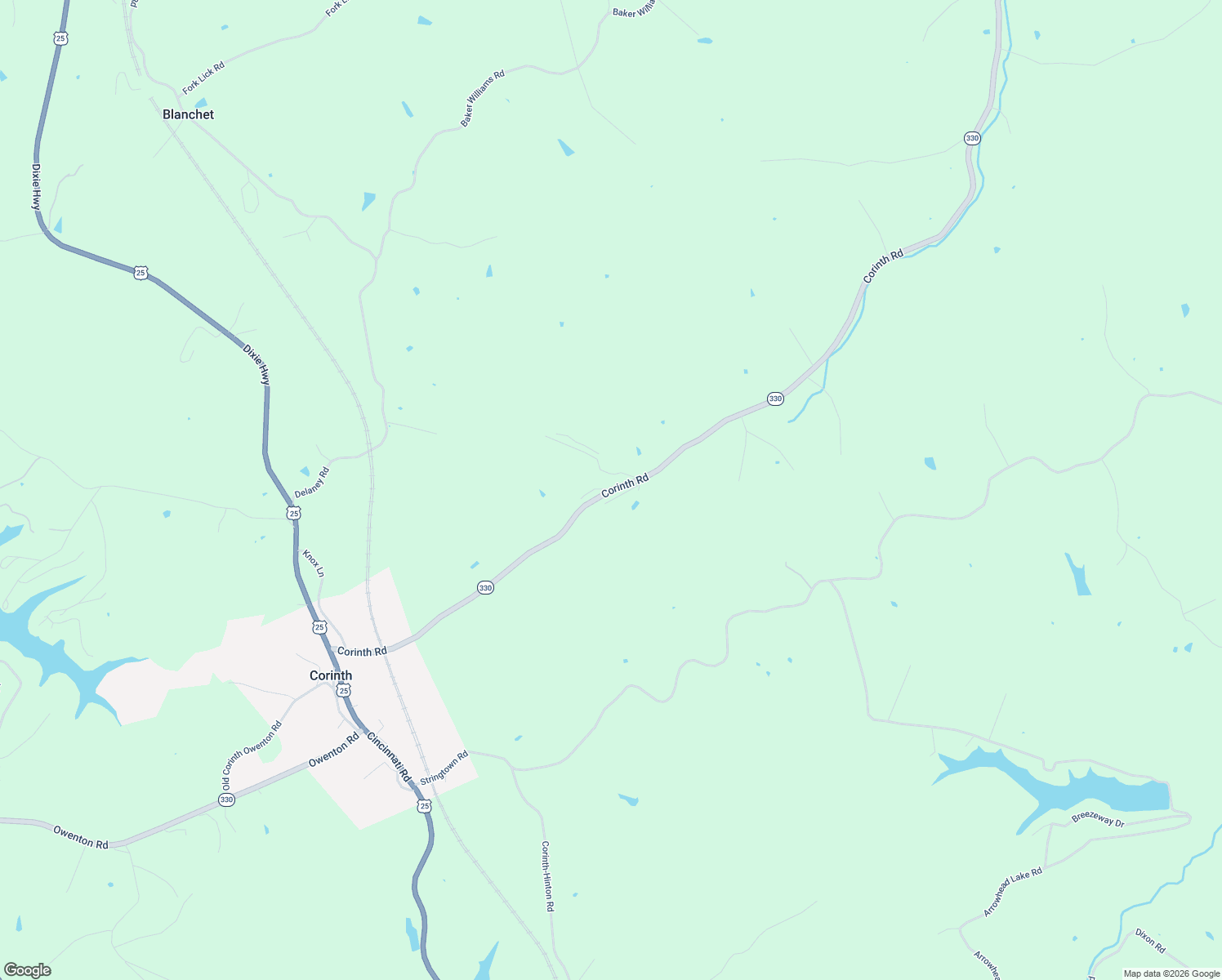 map of restaurants, bars, coffee shops, grocery stores, and more near 980 Corinth Road in Corinth