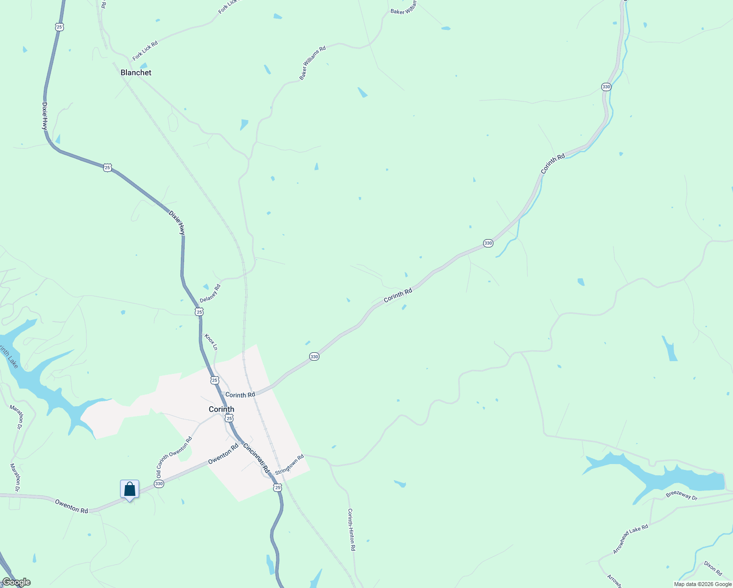 map of restaurants, bars, coffee shops, grocery stores, and more near 980 Corinth Road in Corinth