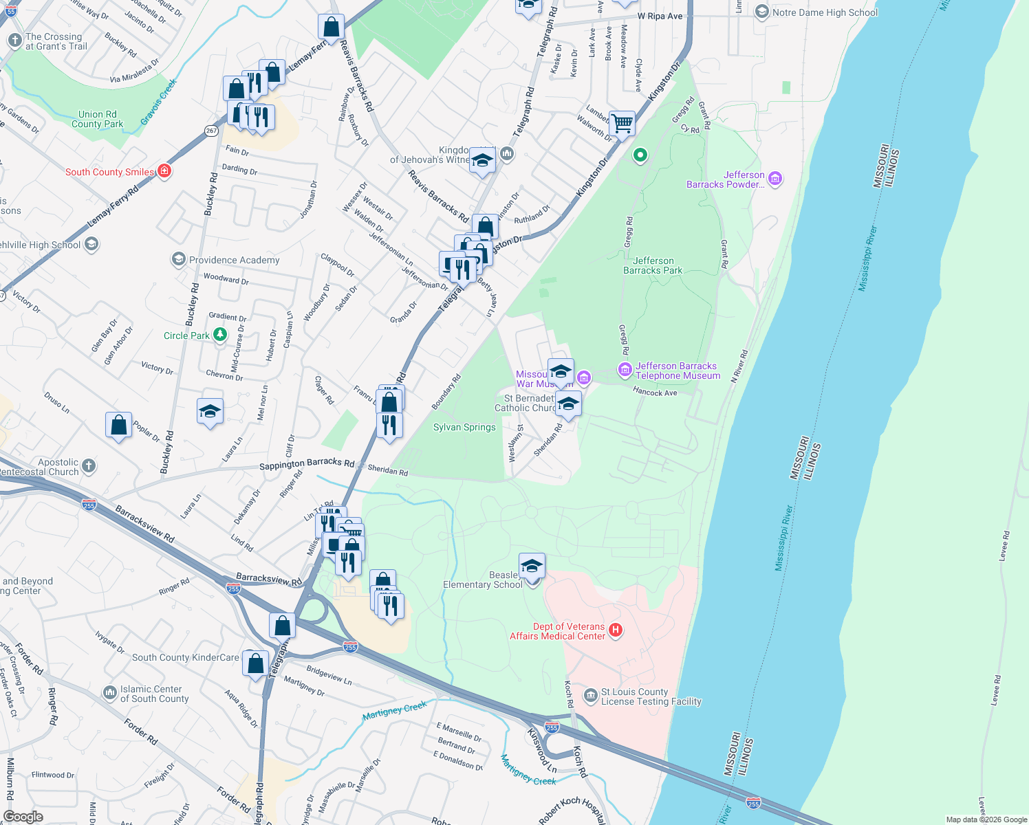 map of restaurants, bars, coffee shops, grocery stores, and more near 2705 Westlawn Street in St. Louis