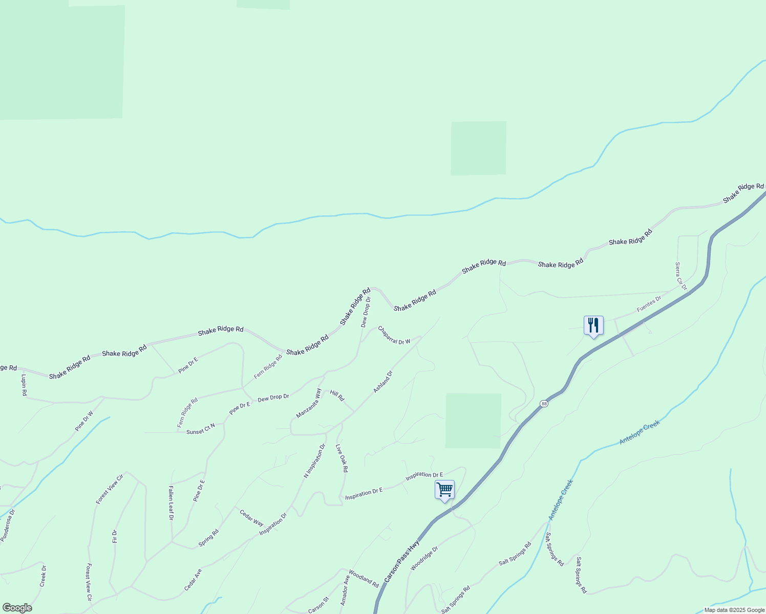 map of restaurants, bars, coffee shops, grocery stores, and more near 27416 Shake Ridge Road in Volcano