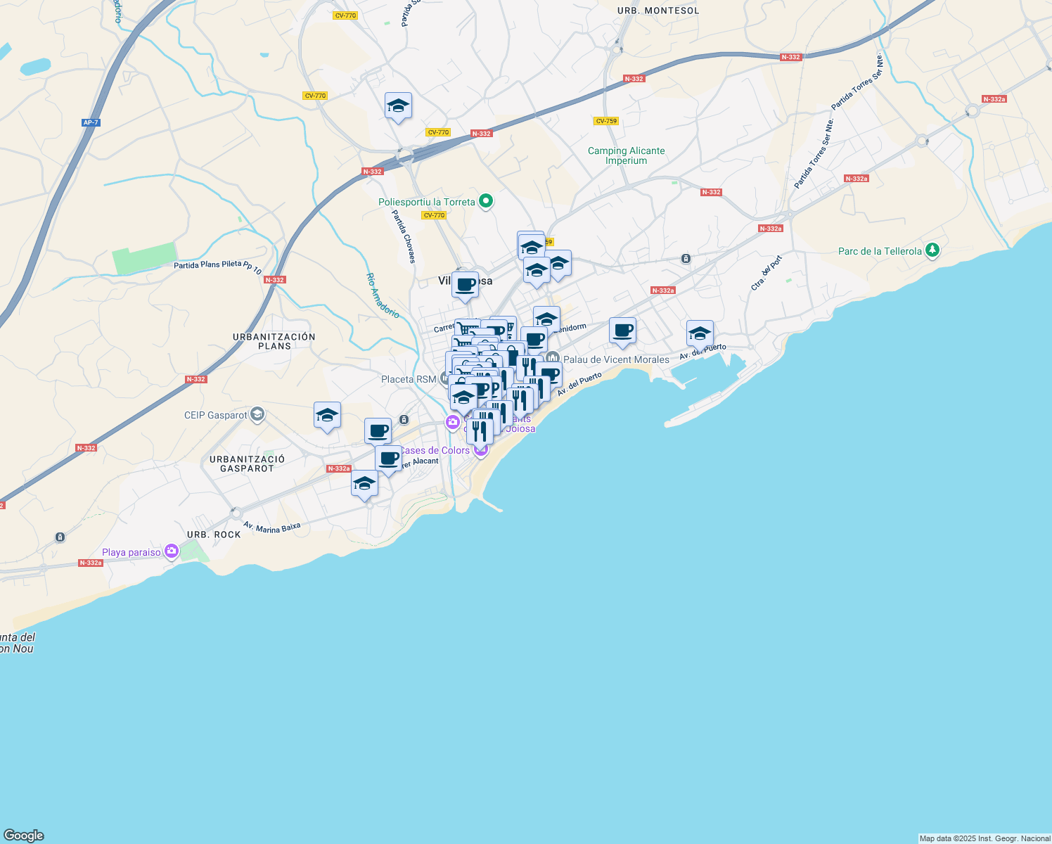 map of restaurants, bars, coffee shops, grocery stores, and more near 6 Avenida del Port in Villajoyosa
