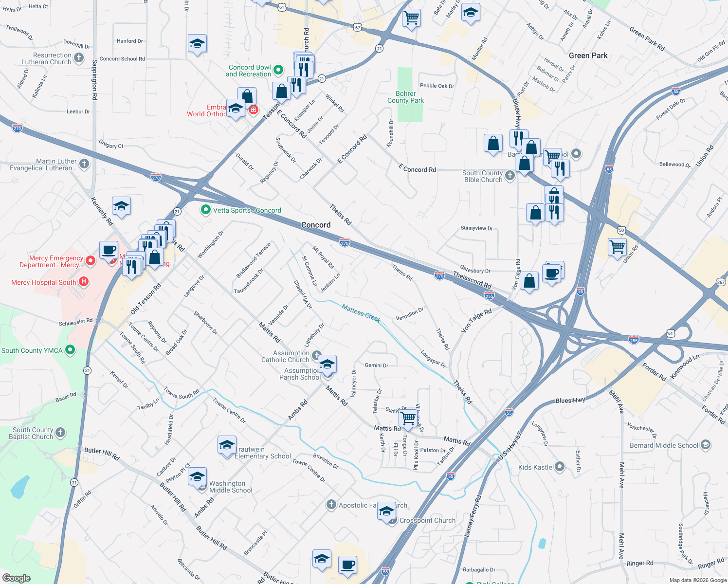 map of restaurants, bars, coffee shops, grocery stores, and more near 4473 Pinyon Jay Court in St. Louis