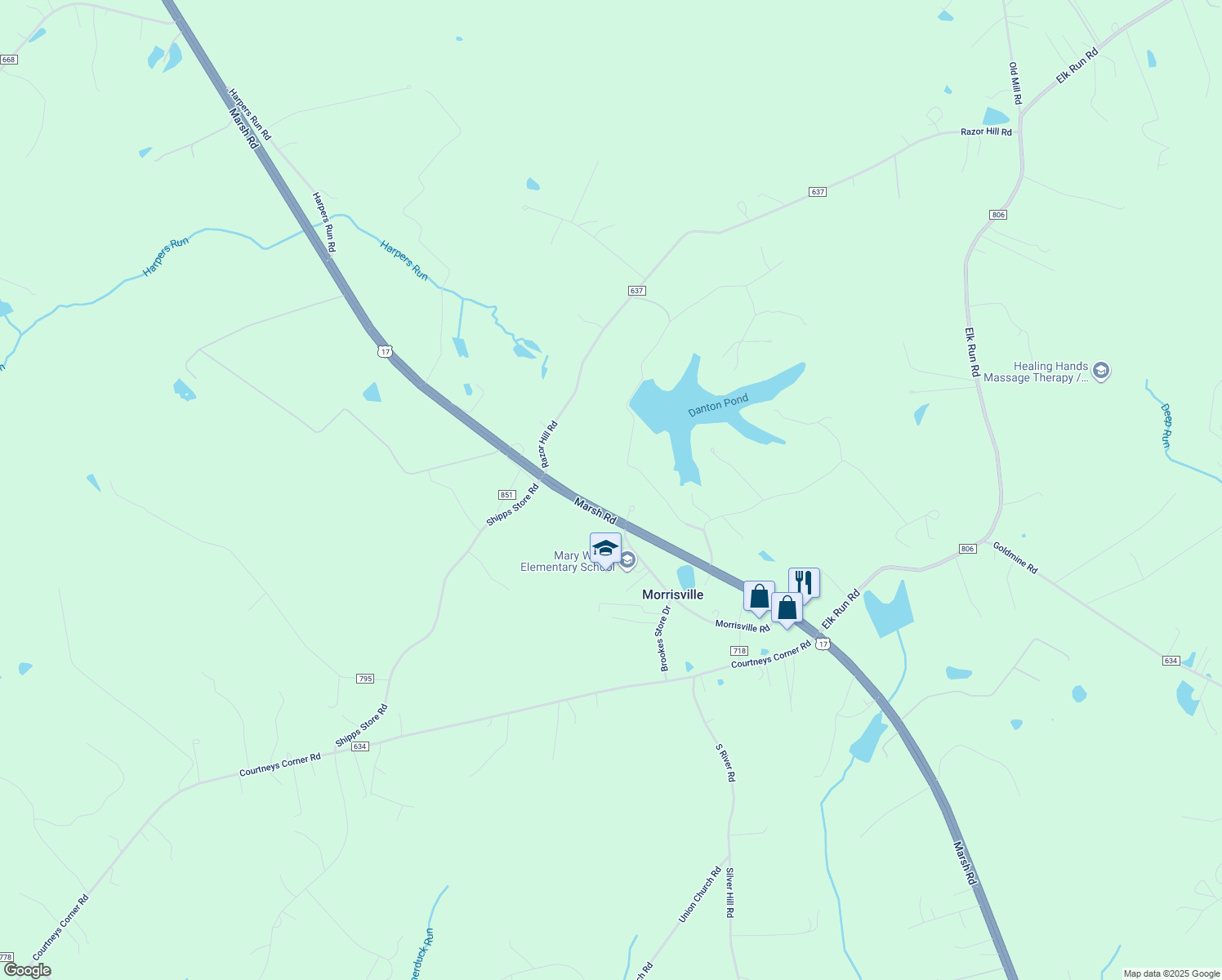 map of restaurants, bars, coffee shops, grocery stores, and more near 12819 Marsh Road in Bealeton