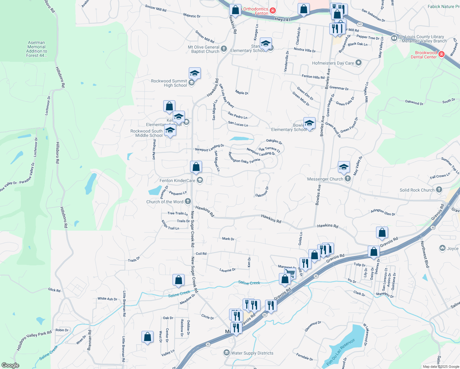 map of restaurants, bars, coffee shops, grocery stores, and more near 1019 Nagia Court in Fenton