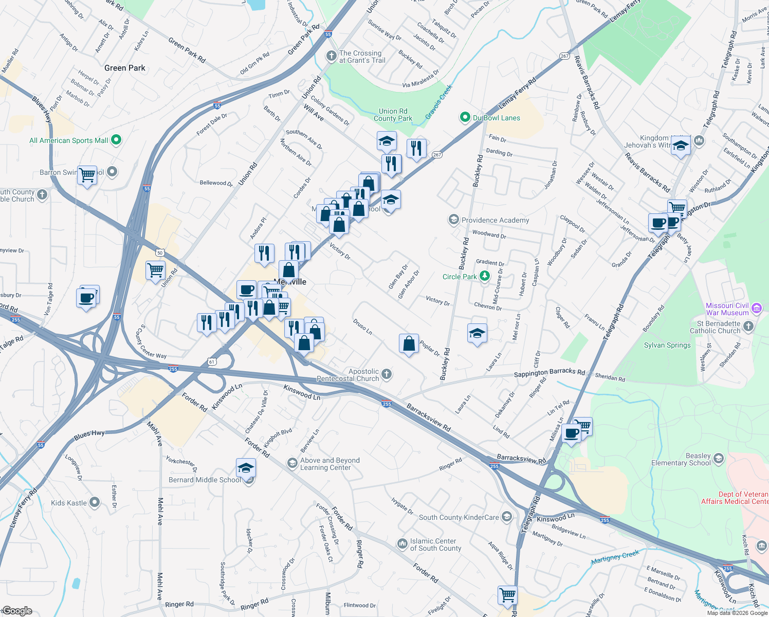 map of restaurants, bars, coffee shops, grocery stores, and more near 1033 Poplar Drive in Saint Louis