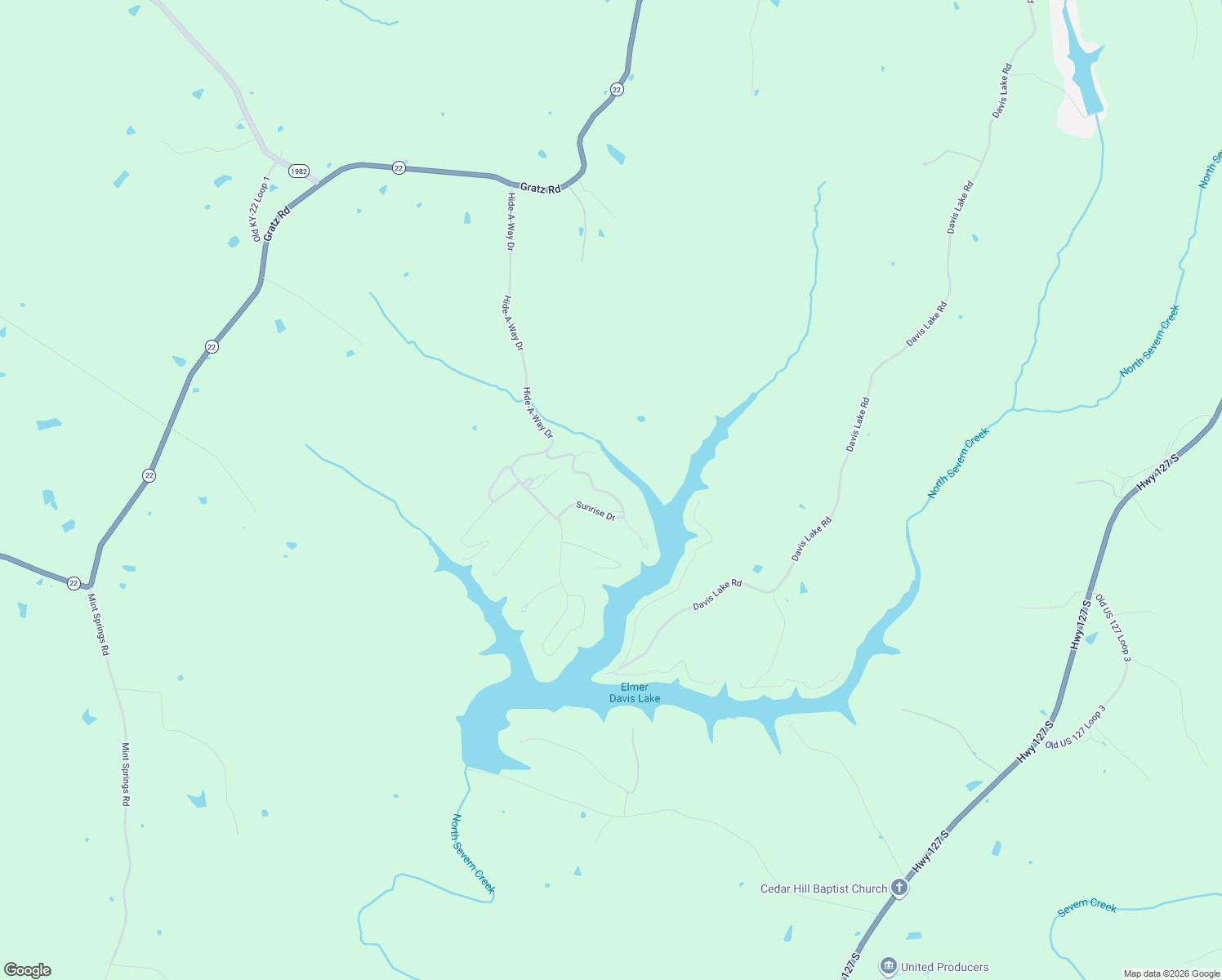 map of restaurants, bars, coffee shops, grocery stores, and more near Lakeview Drive in Owenton