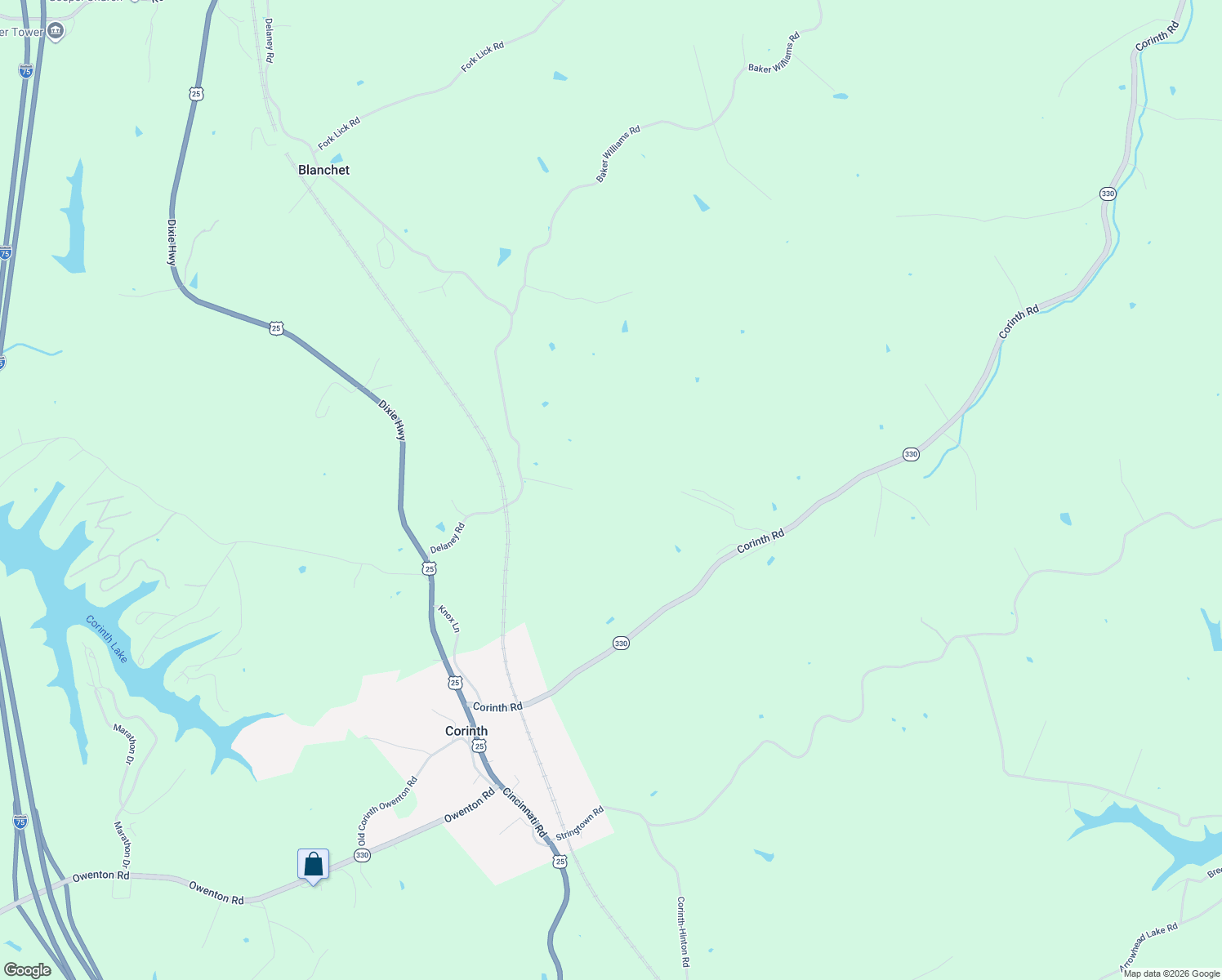 map of restaurants, bars, coffee shops, grocery stores, and more near 1650 Blanchet Road in Corinth