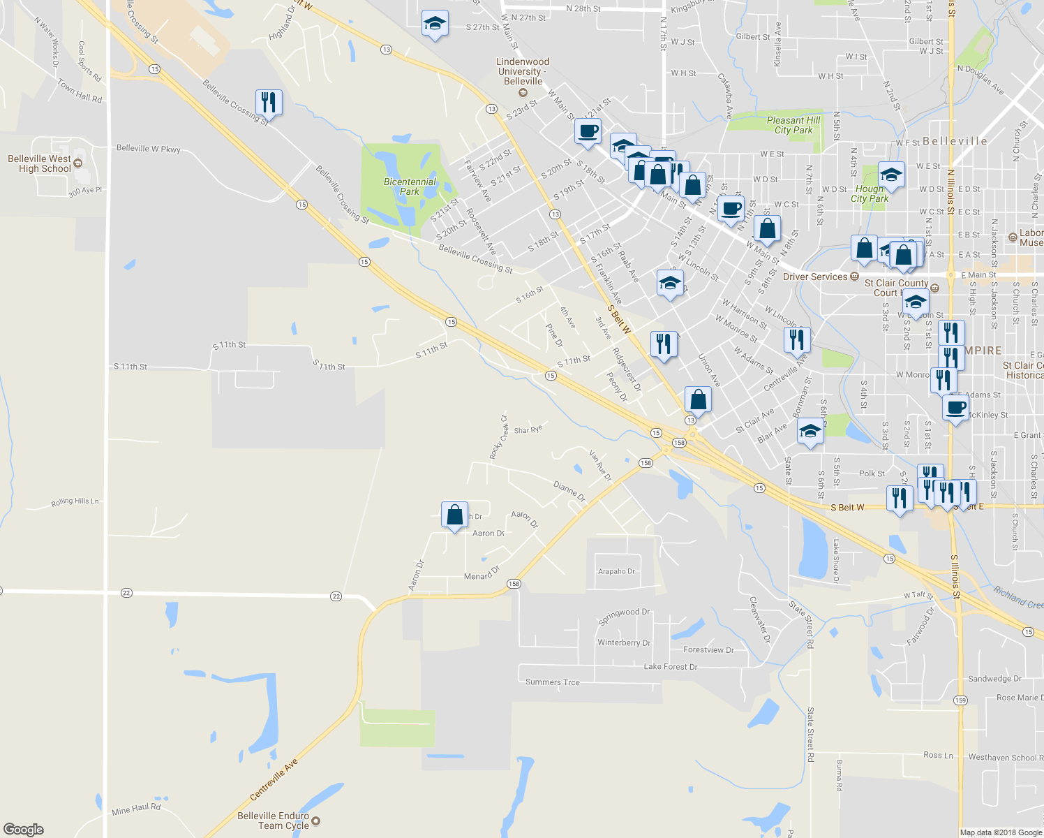 map of restaurants, bars, coffee shops, grocery stores, and more near 1367 Radden Court in Belleville