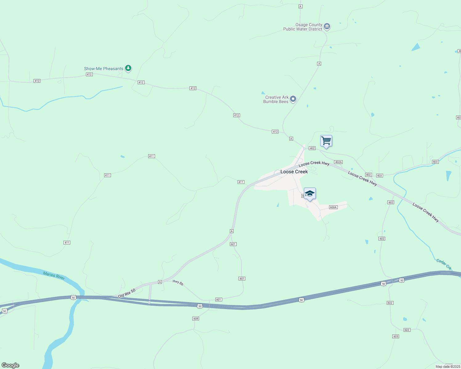 map of restaurants, bars, coffee shops, grocery stores, and more near 36 County Route 411 in Loose Creek