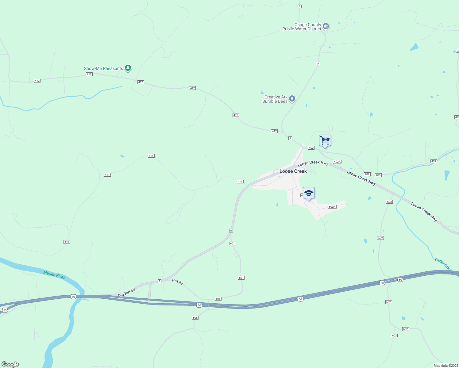 map of restaurants, bars, coffee shops, grocery stores, and more near 36 County Road 411 in Loose Creek