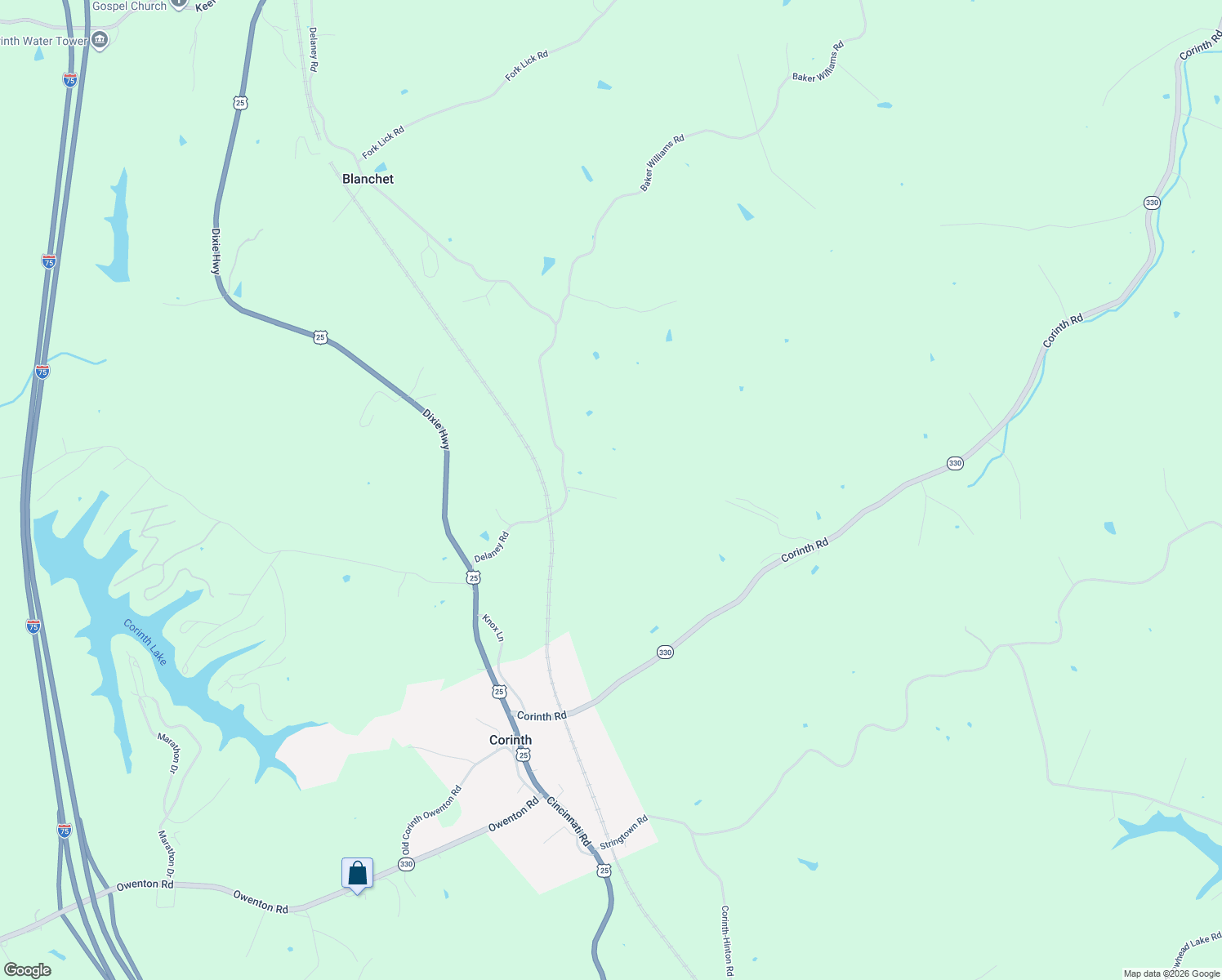 map of restaurants, bars, coffee shops, grocery stores, and more near 1650 Blanchet Road in Corinth