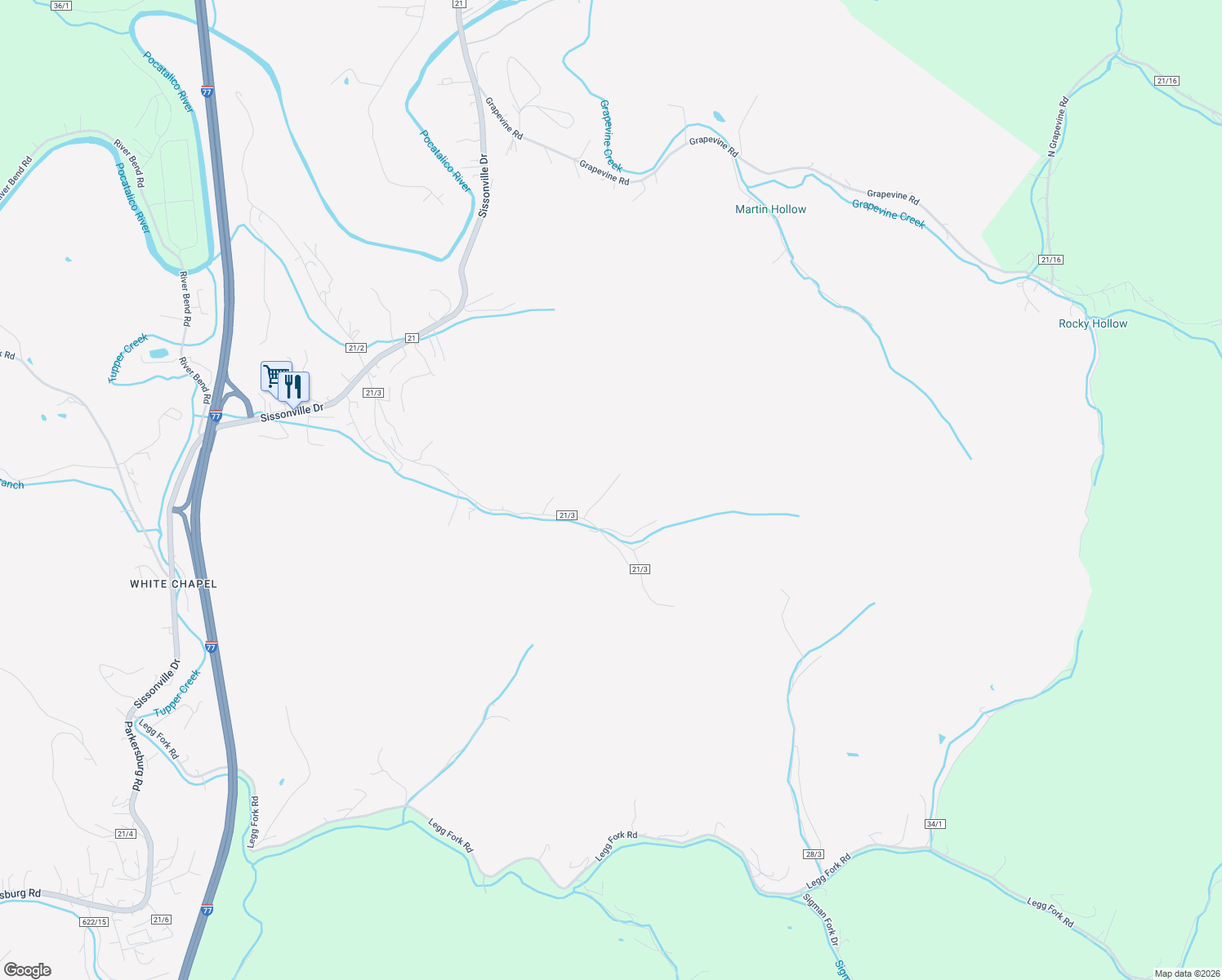 map of restaurants, bars, coffee shops, grocery stores, and more near 112 Serls Lane in Sissonville