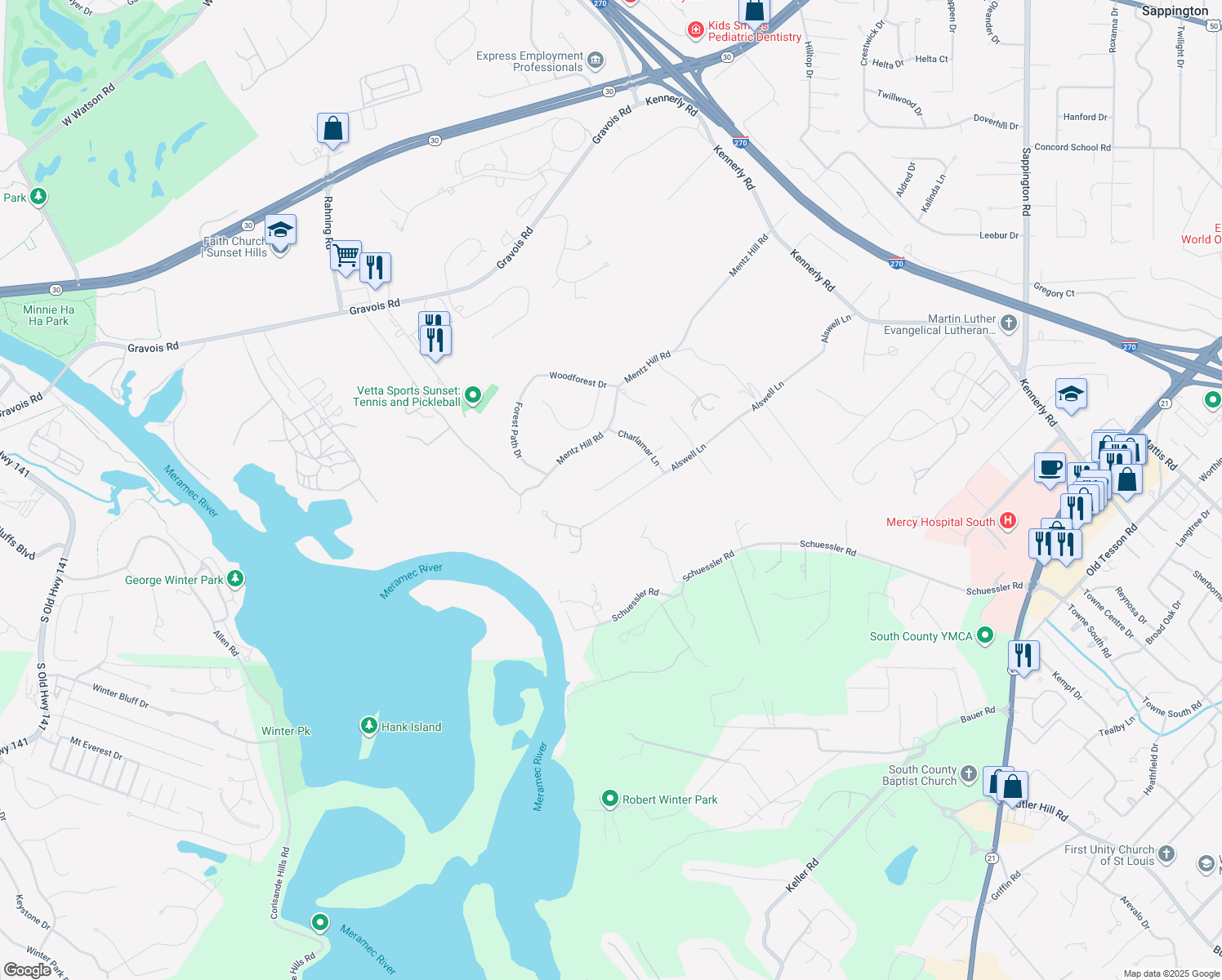 map of restaurants, bars, coffee shops, grocery stores, and more near 12564 Glencroft Drive in St. Louis