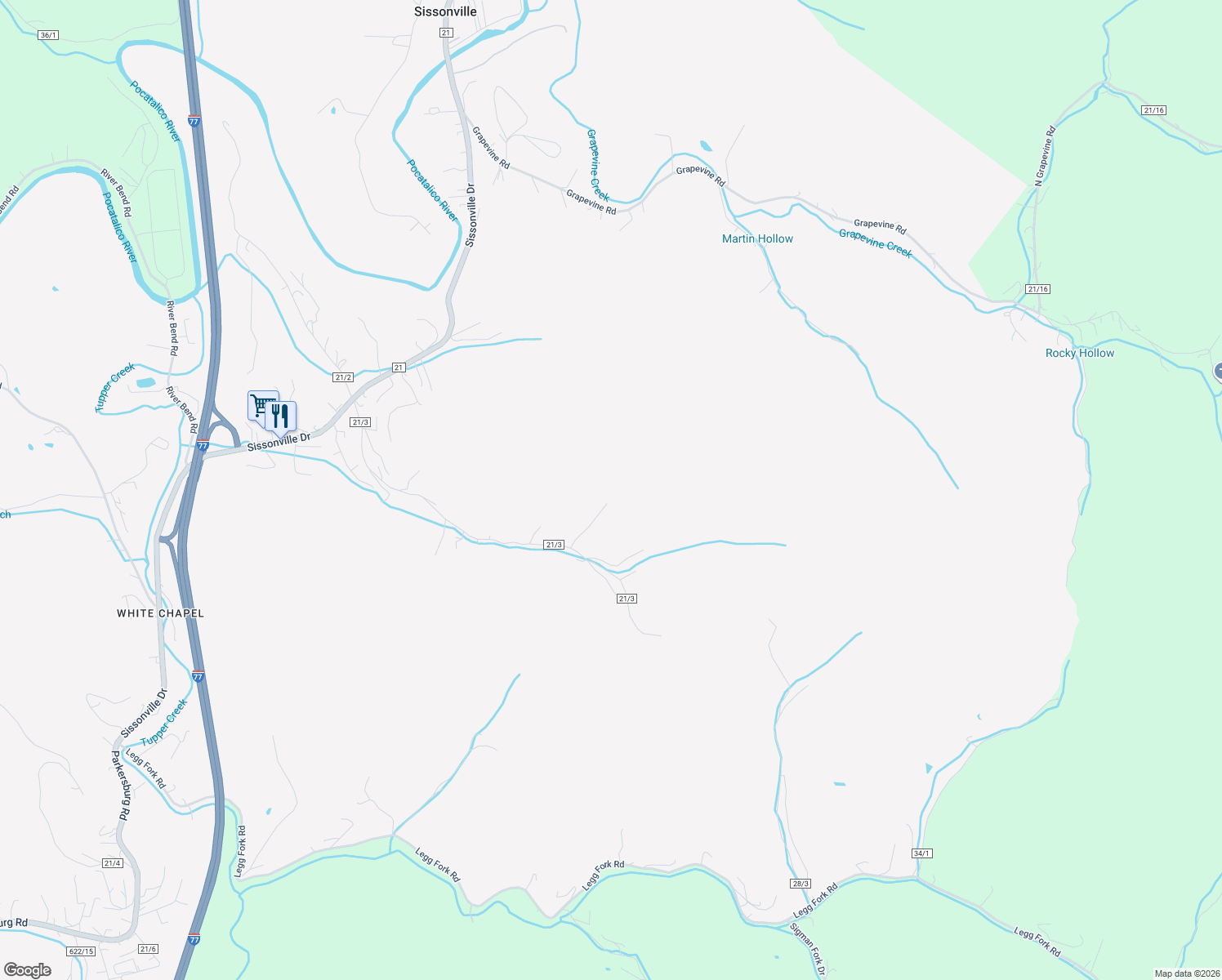 map of restaurants, bars, coffee shops, grocery stores, and more near 112 Serls Lane in Sissonville