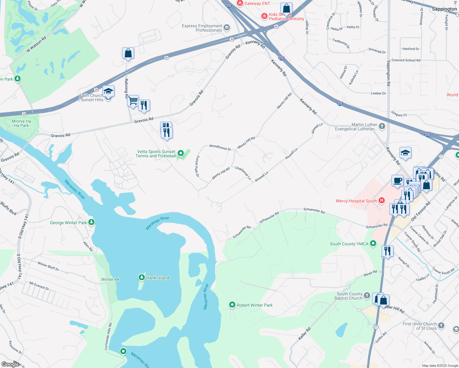 map of restaurants, bars, coffee shops, grocery stores, and more near 12564 Glencroft Drive in St. Louis
