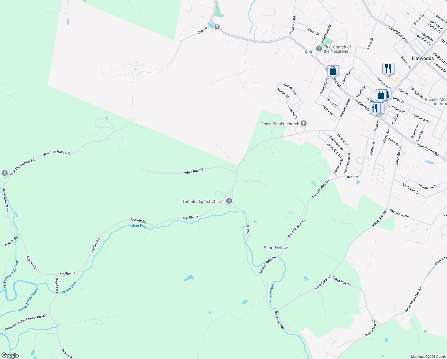 map of restaurants, bars, coffee shops, grocery stores, and more near 4134 Indian Run Road in Flatwoods