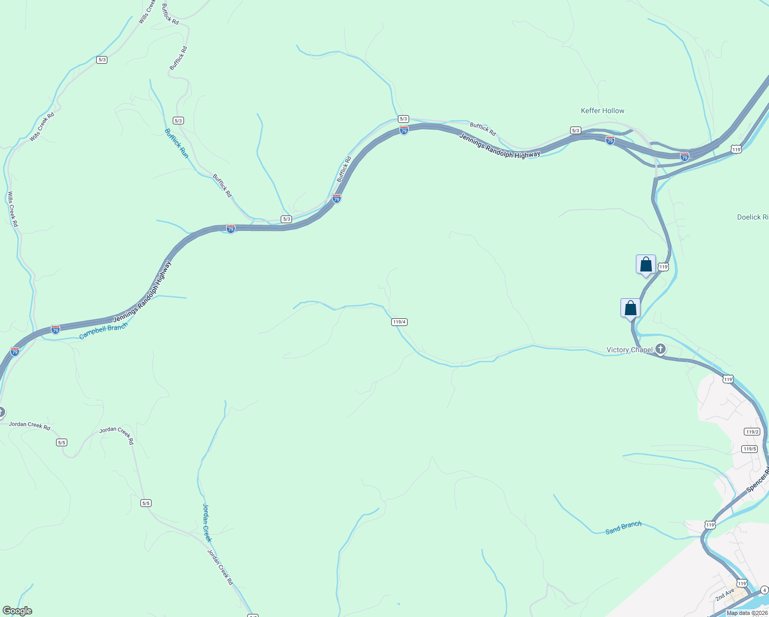 map of restaurants, bars, coffee shops, grocery stores, and more near 100 Doctors Creek Road in Clendenin