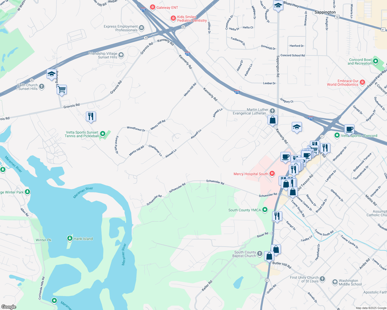 map of restaurants, bars, coffee shops, grocery stores, and more near 12404 Alswell Lane in St. Louis