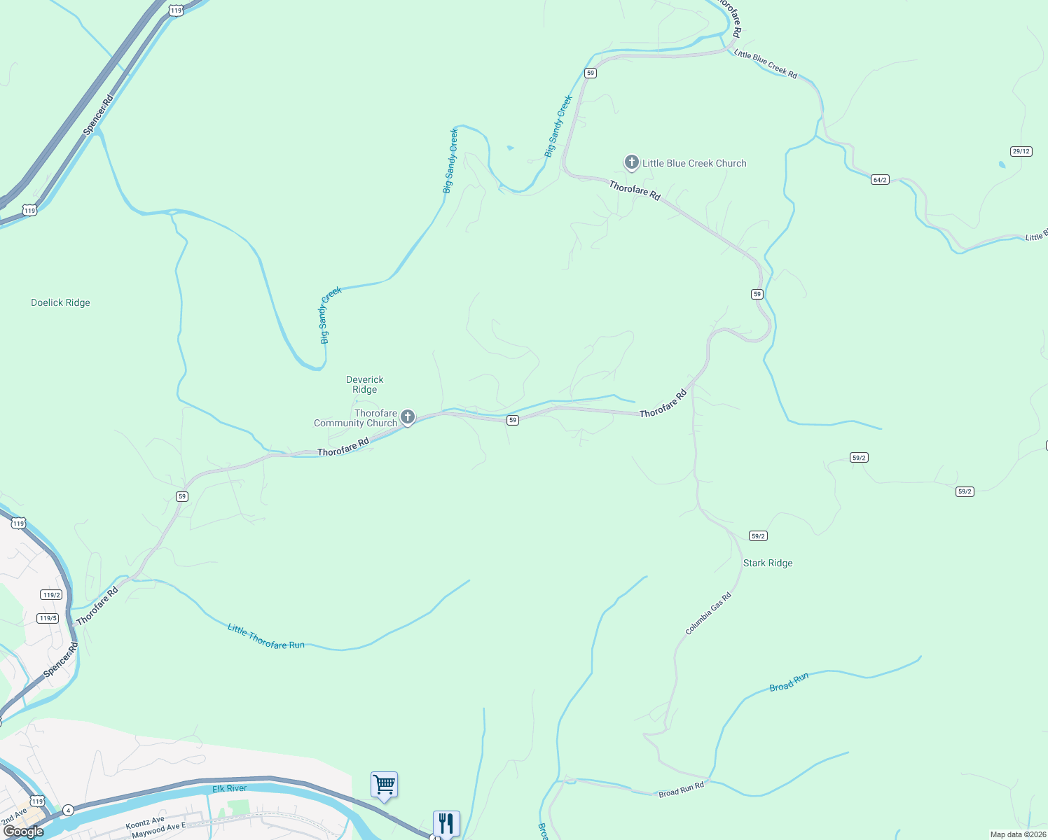 map of restaurants, bars, coffee shops, grocery stores, and more near 1825 Thorofare Road in Clendenin