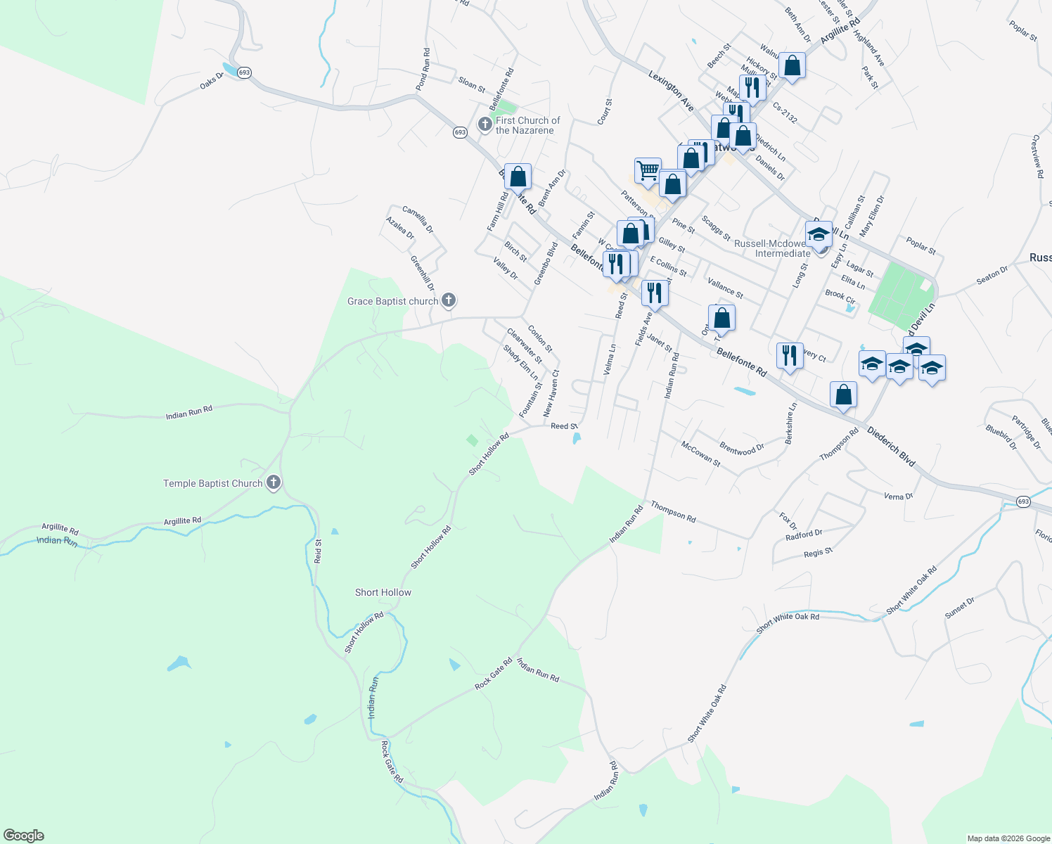 map of restaurants, bars, coffee shops, grocery stores, and more near Baldridge Cemetery Rd in Flatwoods