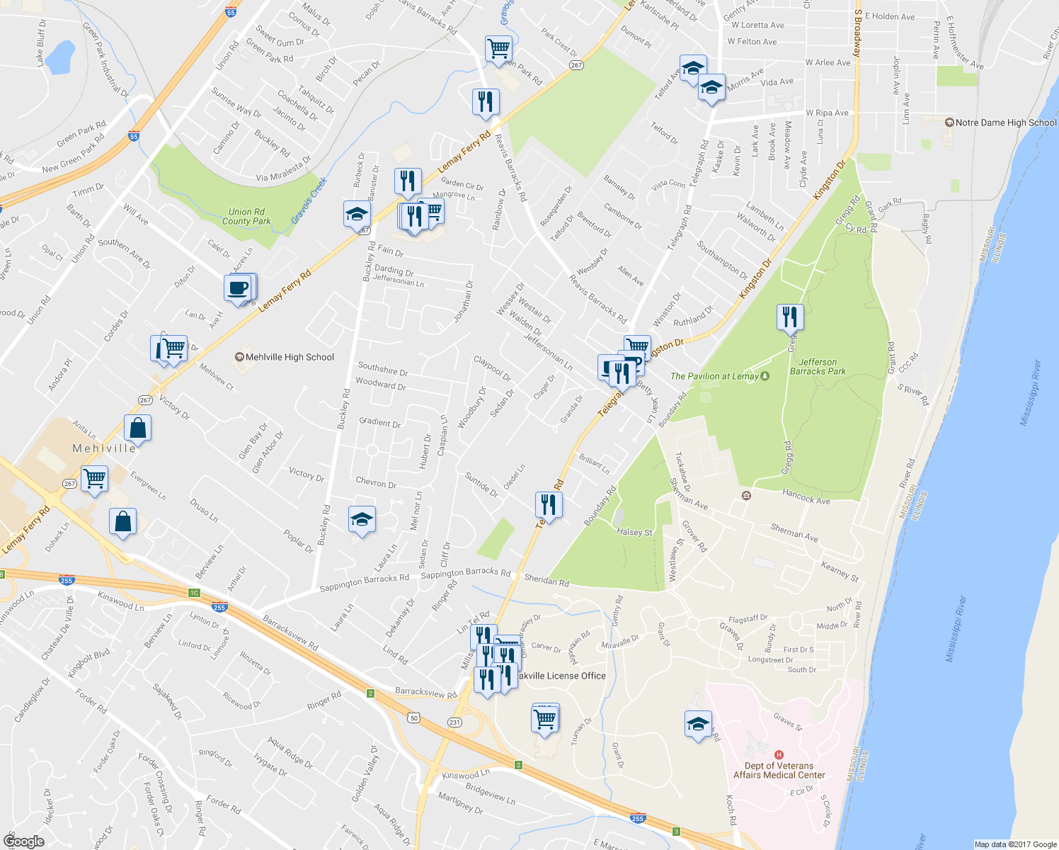 map of restaurants, bars, coffee shops, grocery stores, and more near 2770 Clager Drive in St. Louis