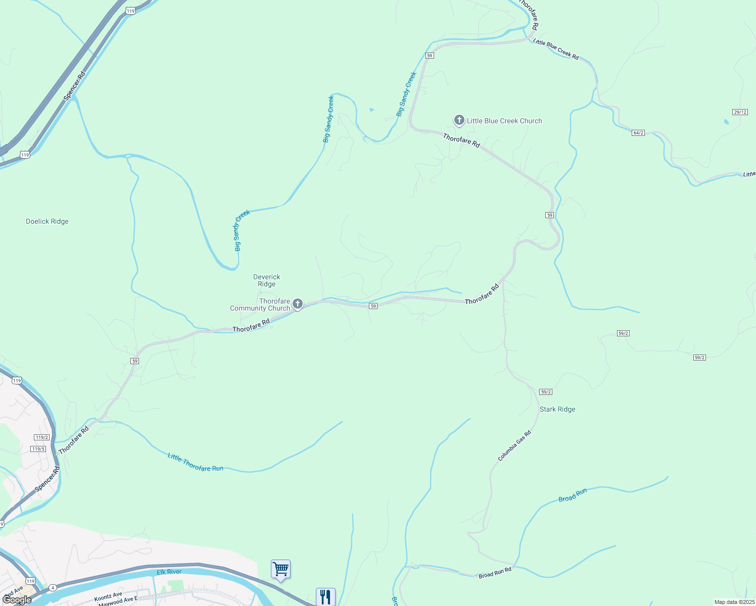 map of restaurants, bars, coffee shops, grocery stores, and more near 1825 Thorofare Road in Clendenin