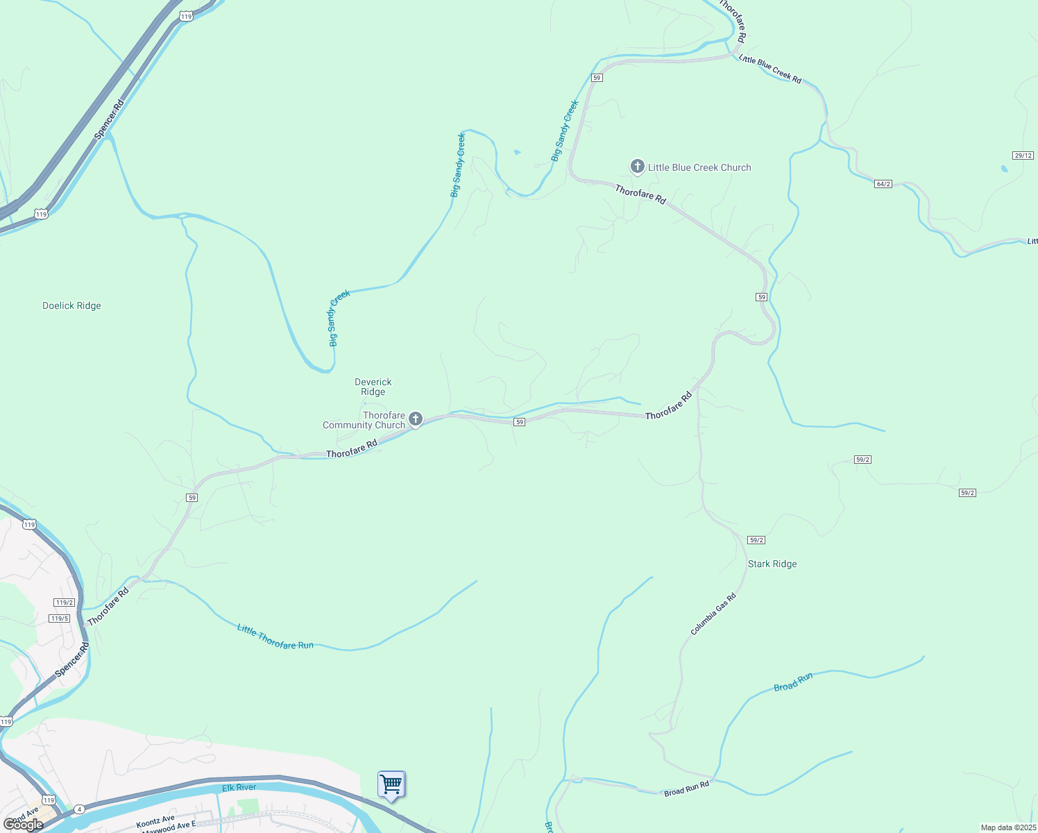 map of restaurants, bars, coffee shops, grocery stores, and more near 1825 Thorofare Road in Clendenin