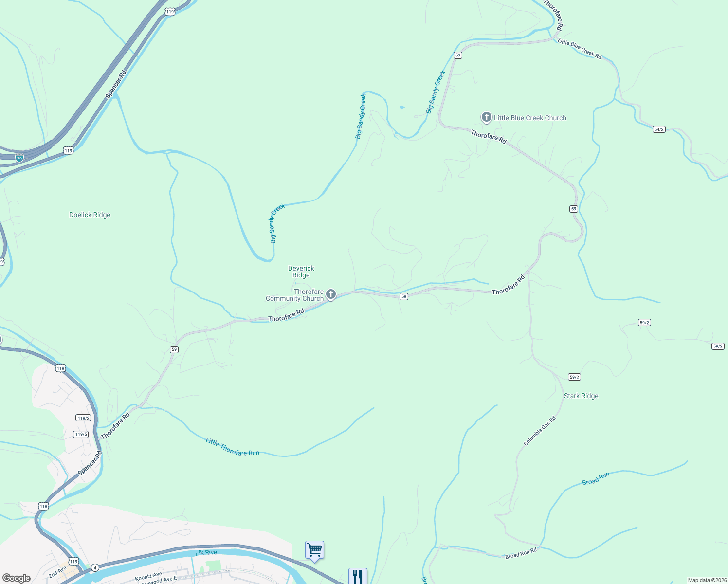 map of restaurants, bars, coffee shops, grocery stores, and more near 1398-1448 County Route 59 in Clendenin