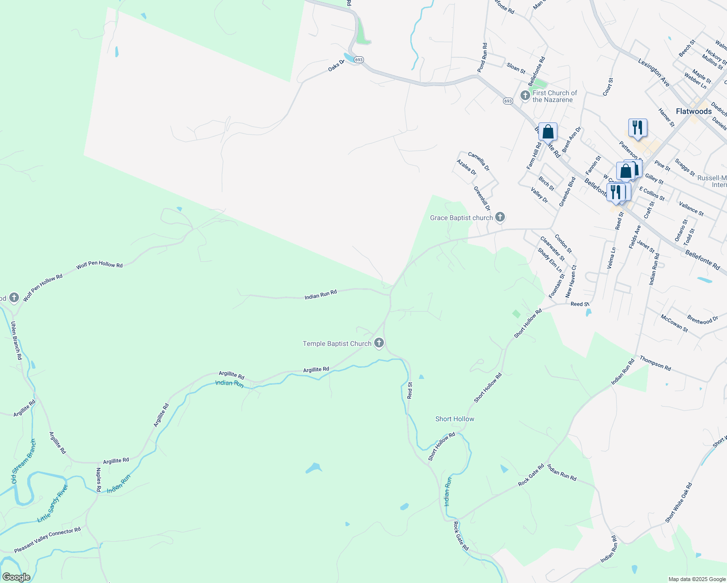 map of restaurants, bars, coffee shops, grocery stores, and more near 4134 Indian Run Road in Flatwoods