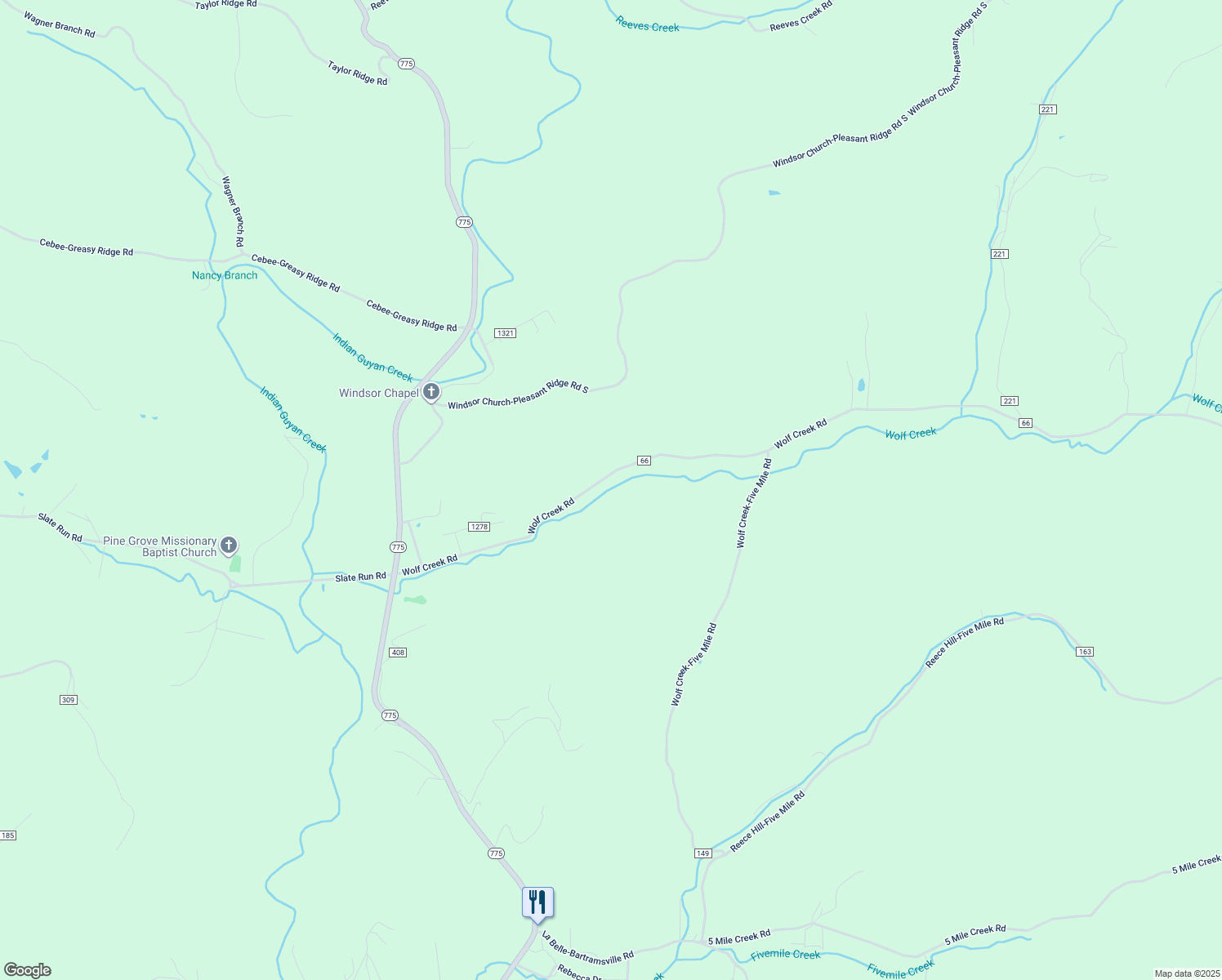 map of restaurants, bars, coffee shops, grocery stores, and more near 684 County Road 66 in Proctorville