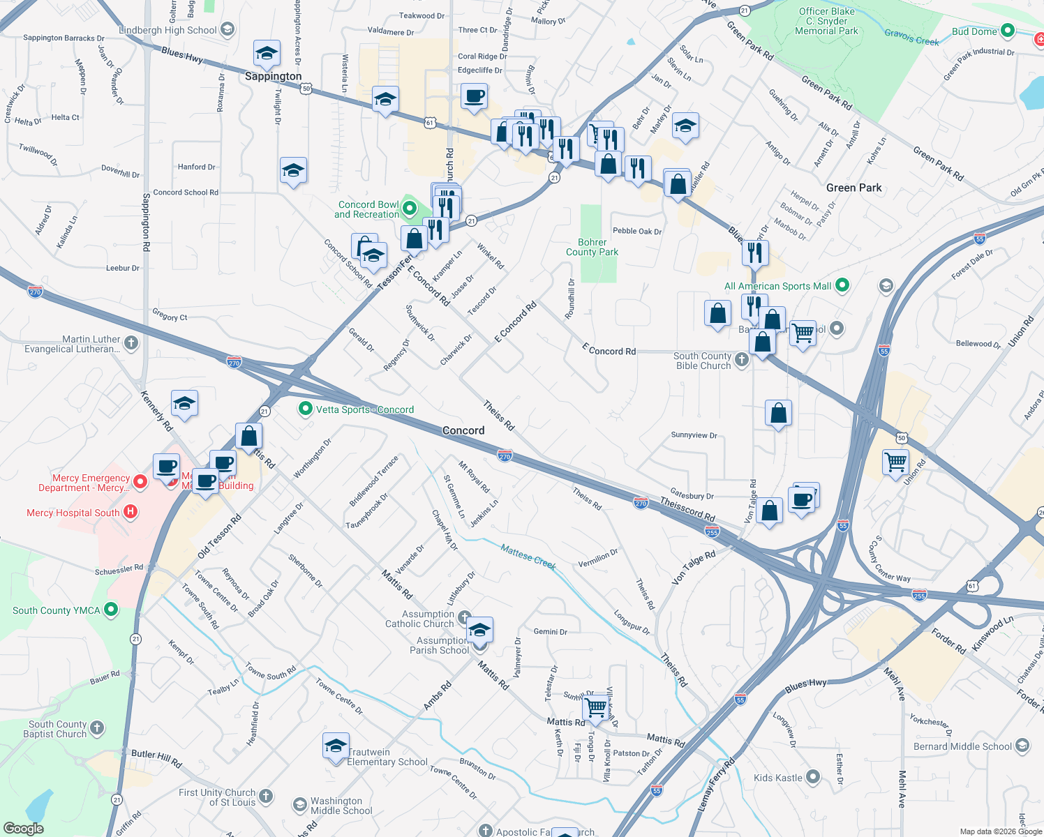 map of restaurants, bars, coffee shops, grocery stores, and more near 4327 Carrie Beth Lane in Saint Louis