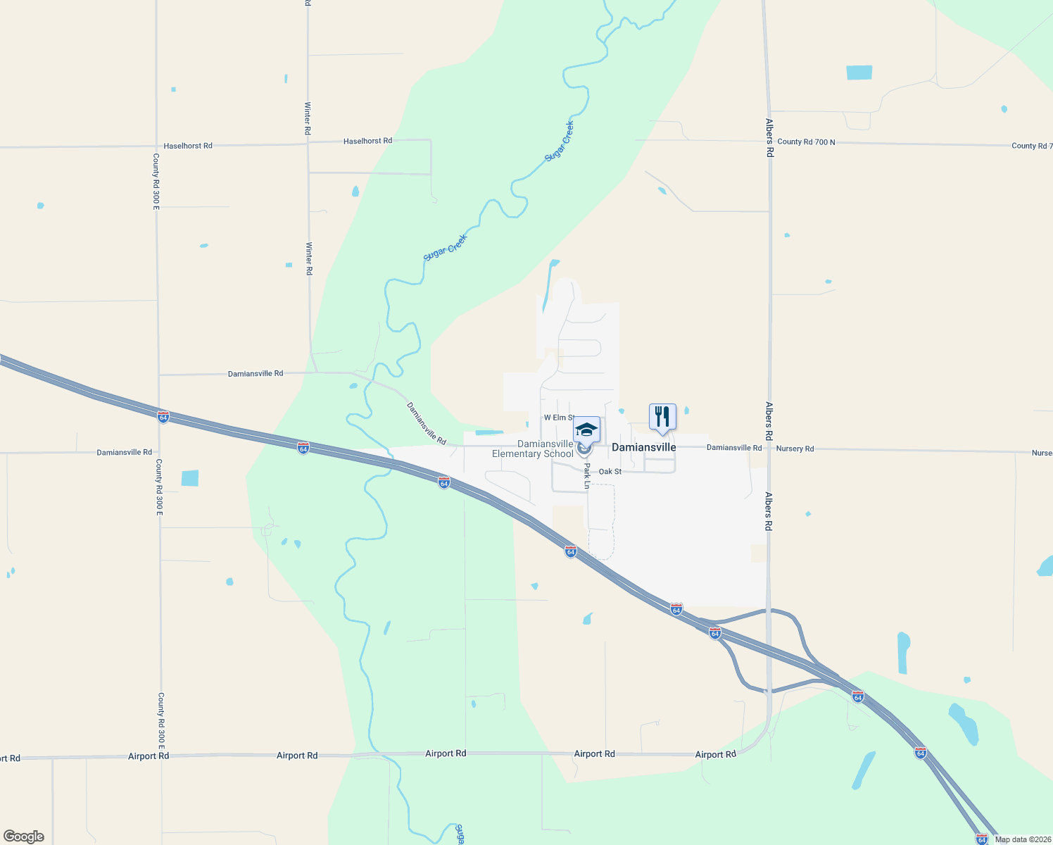 map of restaurants, bars, coffee shops, grocery stores, and more near 204 West Main Street in Damiansville
