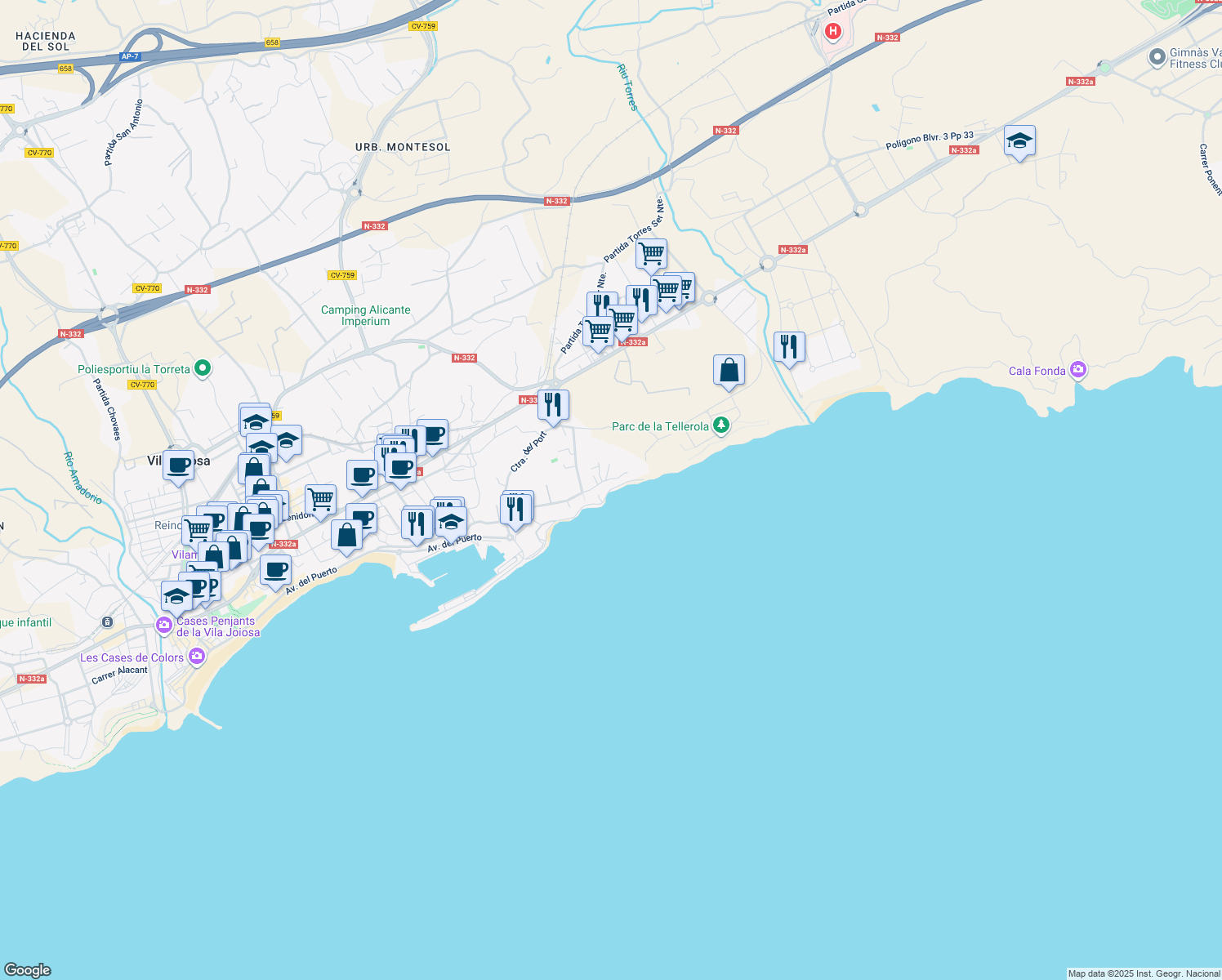 map of restaurants, bars, coffee shops, grocery stores, and more near 17 Barri la Almadrava in La Vila Joiosa