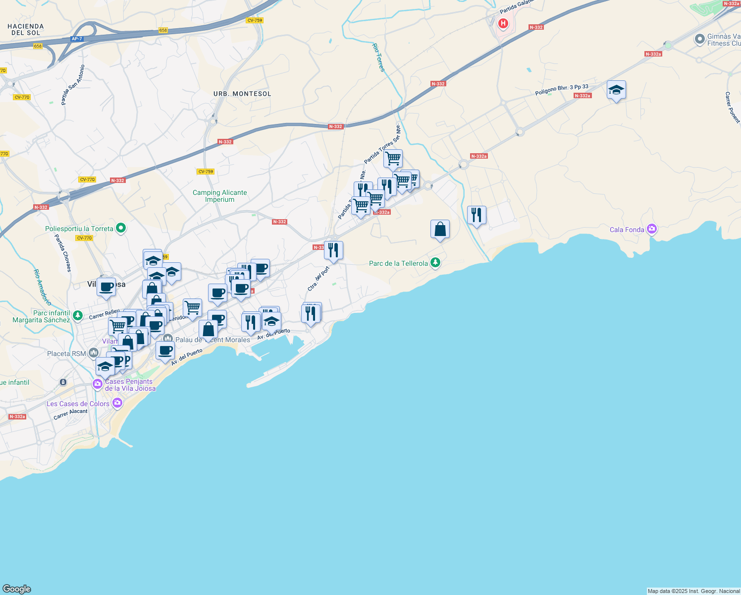 map of restaurants, bars, coffee shops, grocery stores, and more near 17 Barri la Almadrava in La Vila Joiosa