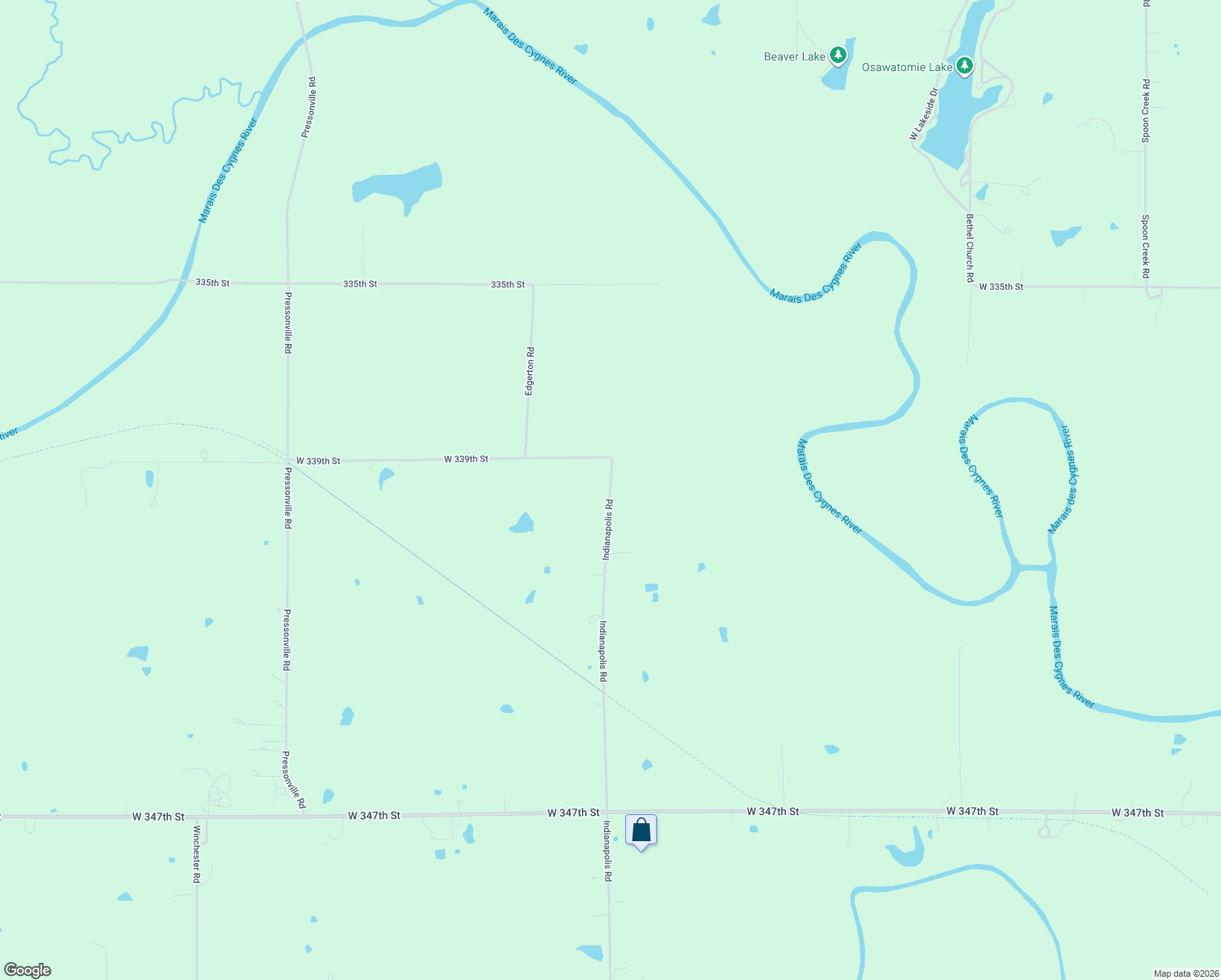 map of restaurants, bars, coffee shops, grocery stores, and more near 29875 W 339th St in Osawatomie