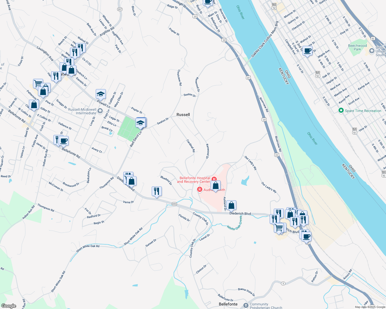 map of restaurants, bars, coffee shops, grocery stores, and more near 249 Cs-3061 in Russell