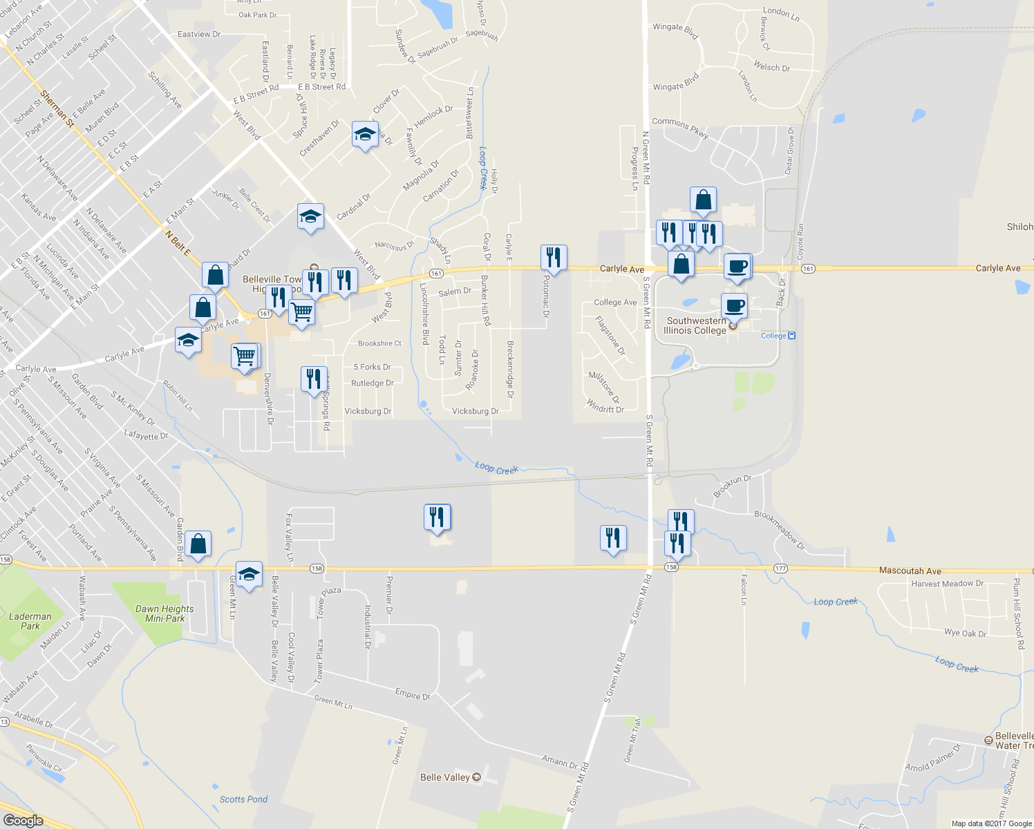 map of restaurants, bars, coffee shops, grocery stores, and more near 376 Breckenridge Drive in Belleville