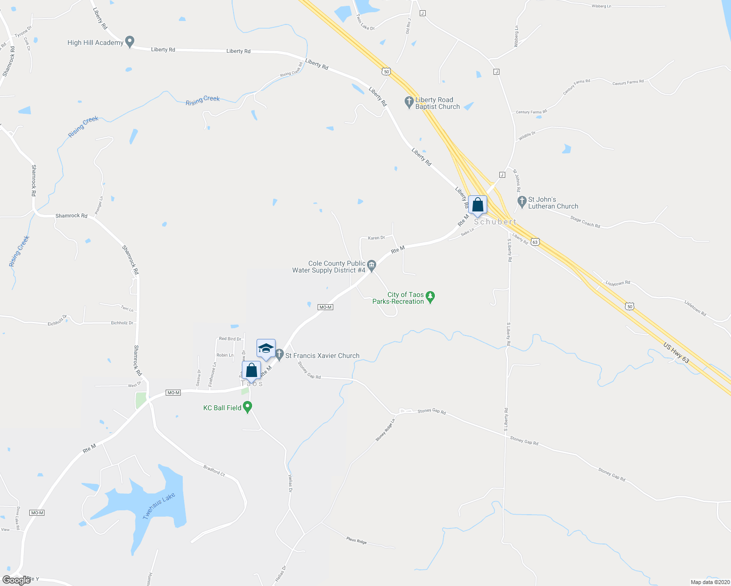 map of restaurants, bars, coffee shops, grocery stores, and more near 5112 Sunrise Drive in Jefferson City