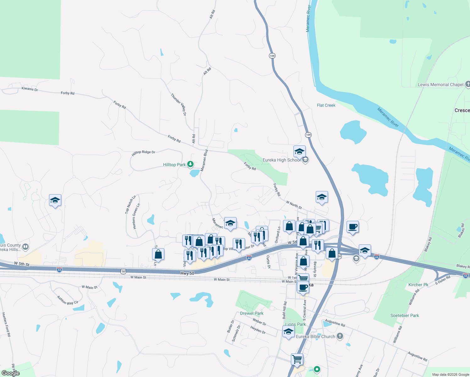 map of restaurants, bars, coffee shops, grocery stores, and more near 218 Walden Court in Eureka