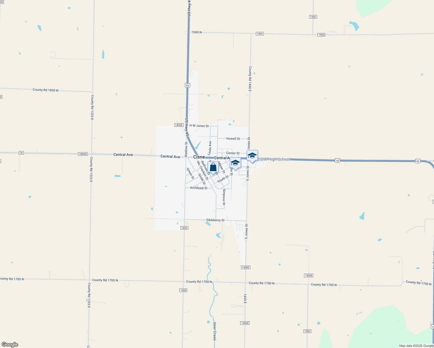 map of restaurants, bars, coffee shops, grocery stores, and more near Mulberry Street in Cisne