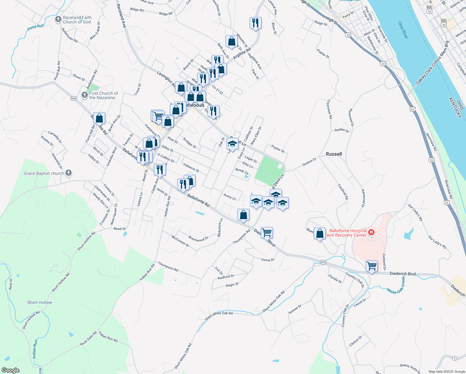 map of restaurants, bars, coffee shops, grocery stores, and more near 619 Windsor Ln in Flatwoods