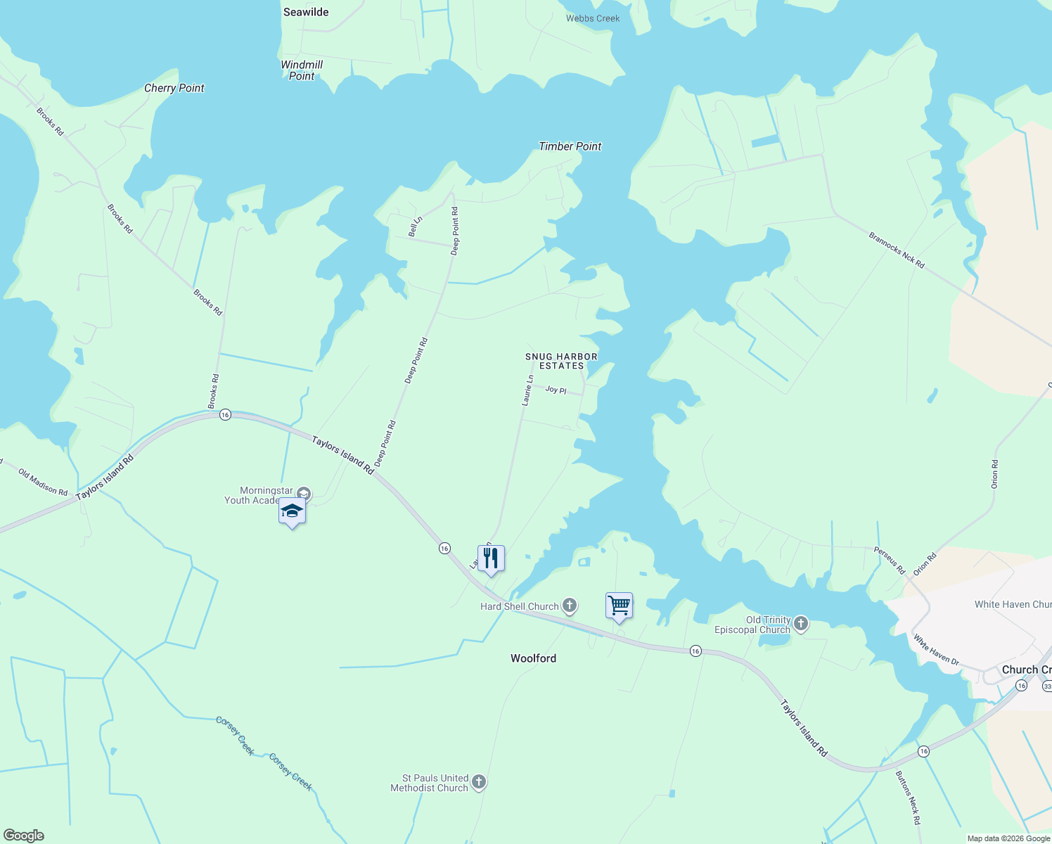 map of restaurants, bars, coffee shops, grocery stores, and more near 1601 Heliport Road in Woolford