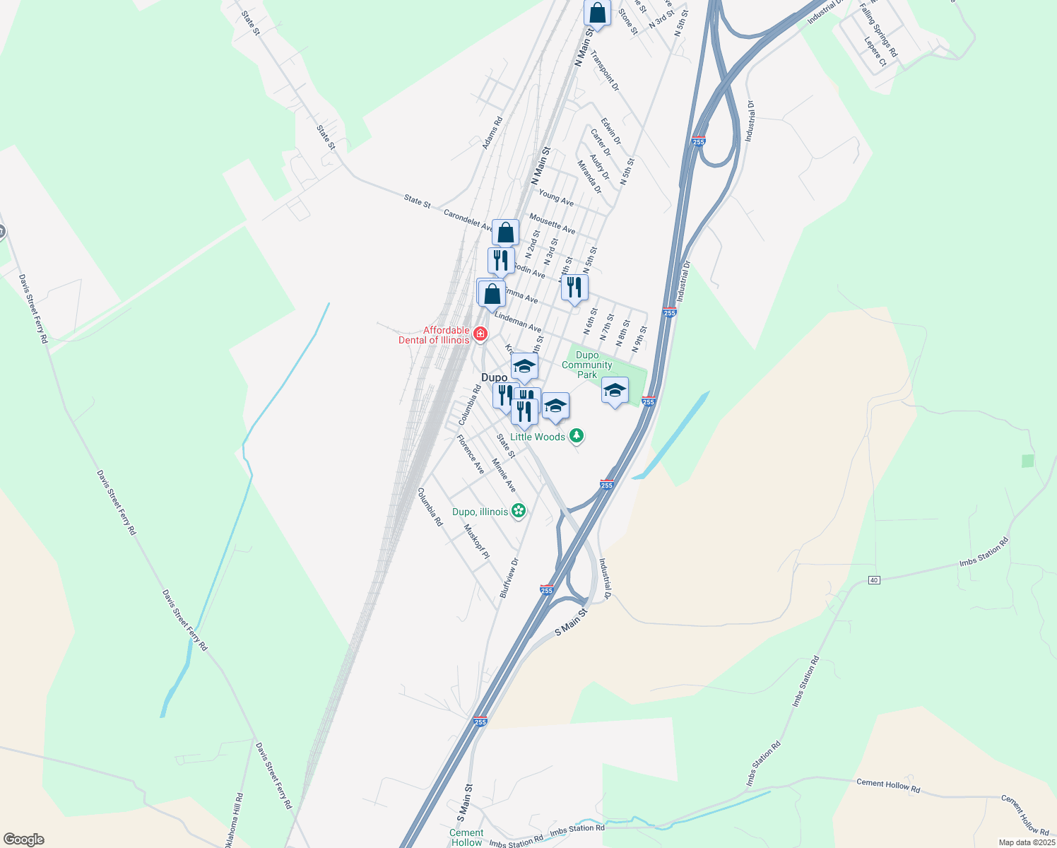 map of restaurants, bars, coffee shops, grocery stores, and more near 521 Louisa Avenue in Dupo